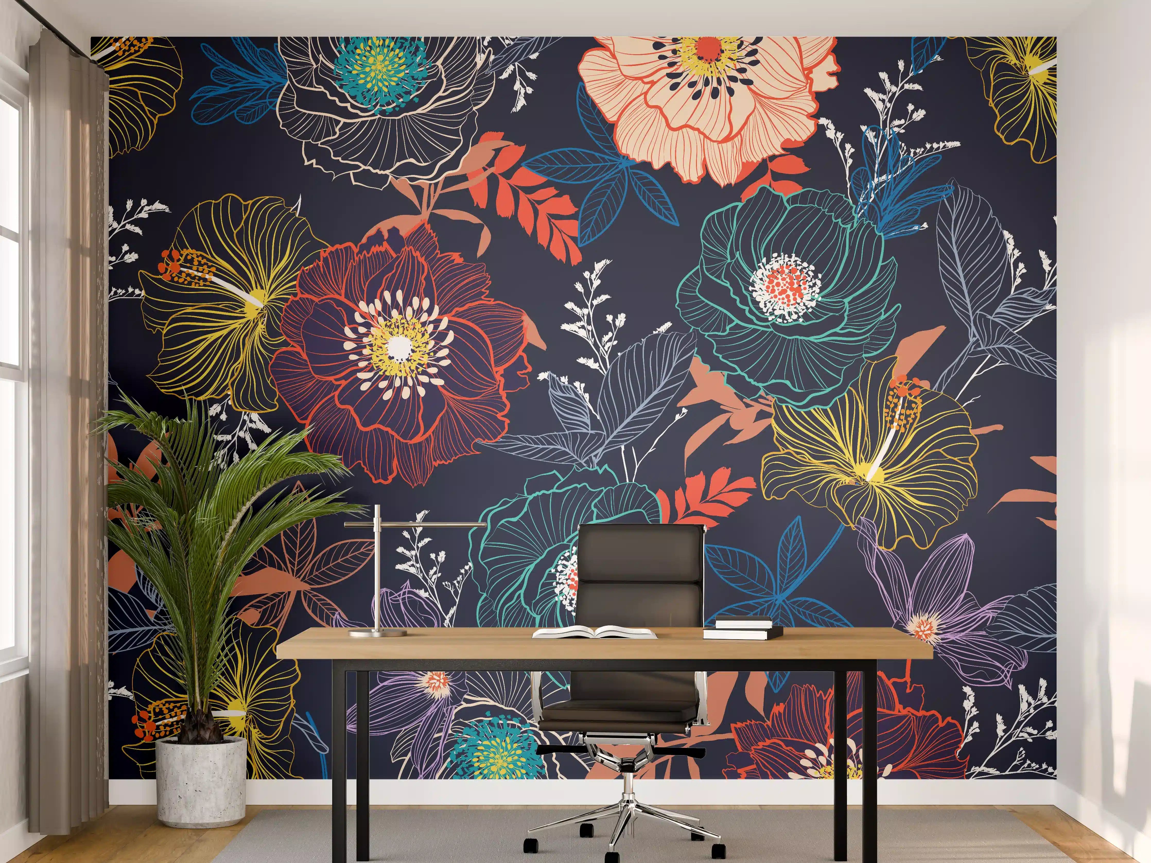 Büro Wandgestaltung - Bunte Blumen Nachtgarten Muster