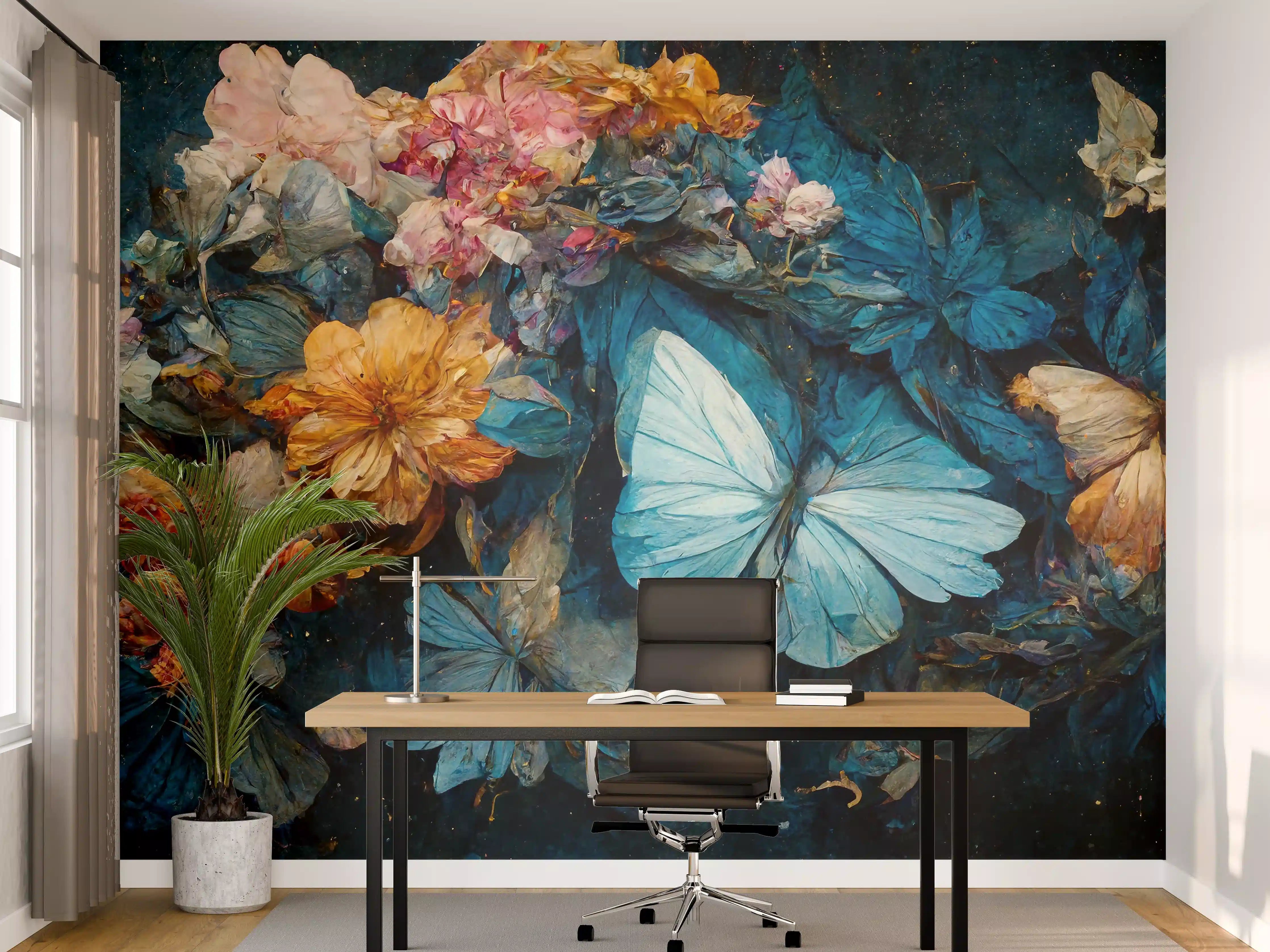 Büro Wandgestaltung - Bunte Blumen und Schmetterlinge im Naturdetail
