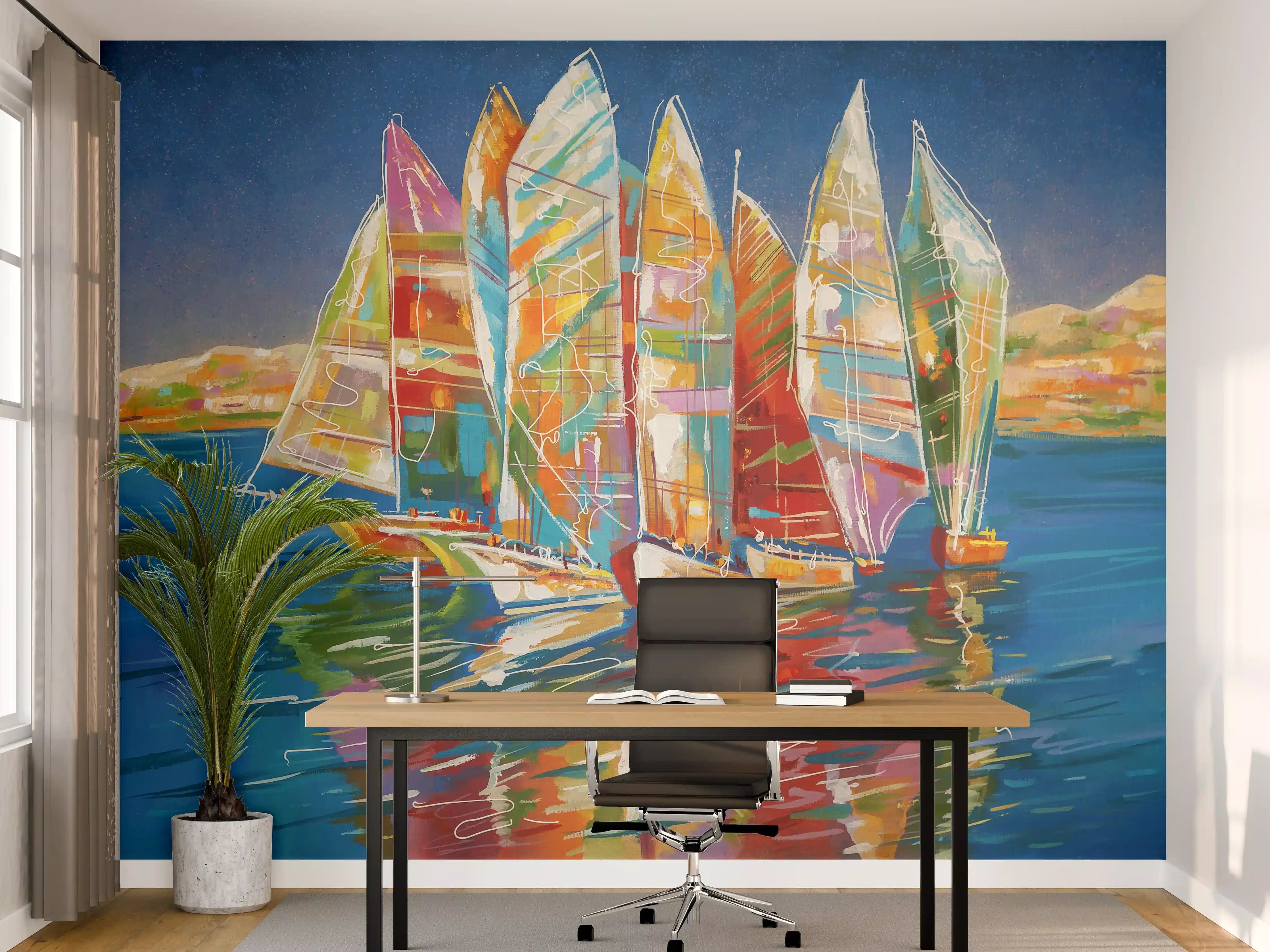 Büro Wandgestaltung - Bunte Boote auf dem Meer - Ölgemälde
