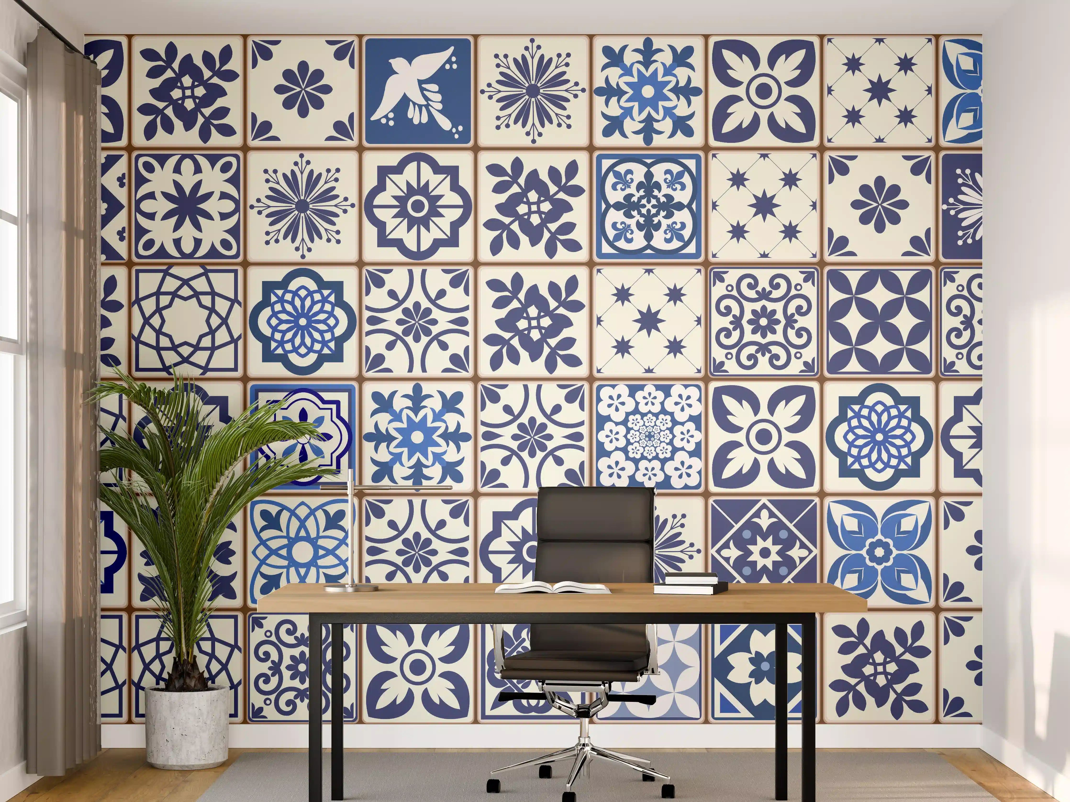 Büro Wandgestaltung - Bunte Fliesenmuster mit Blau- und Weißtönen