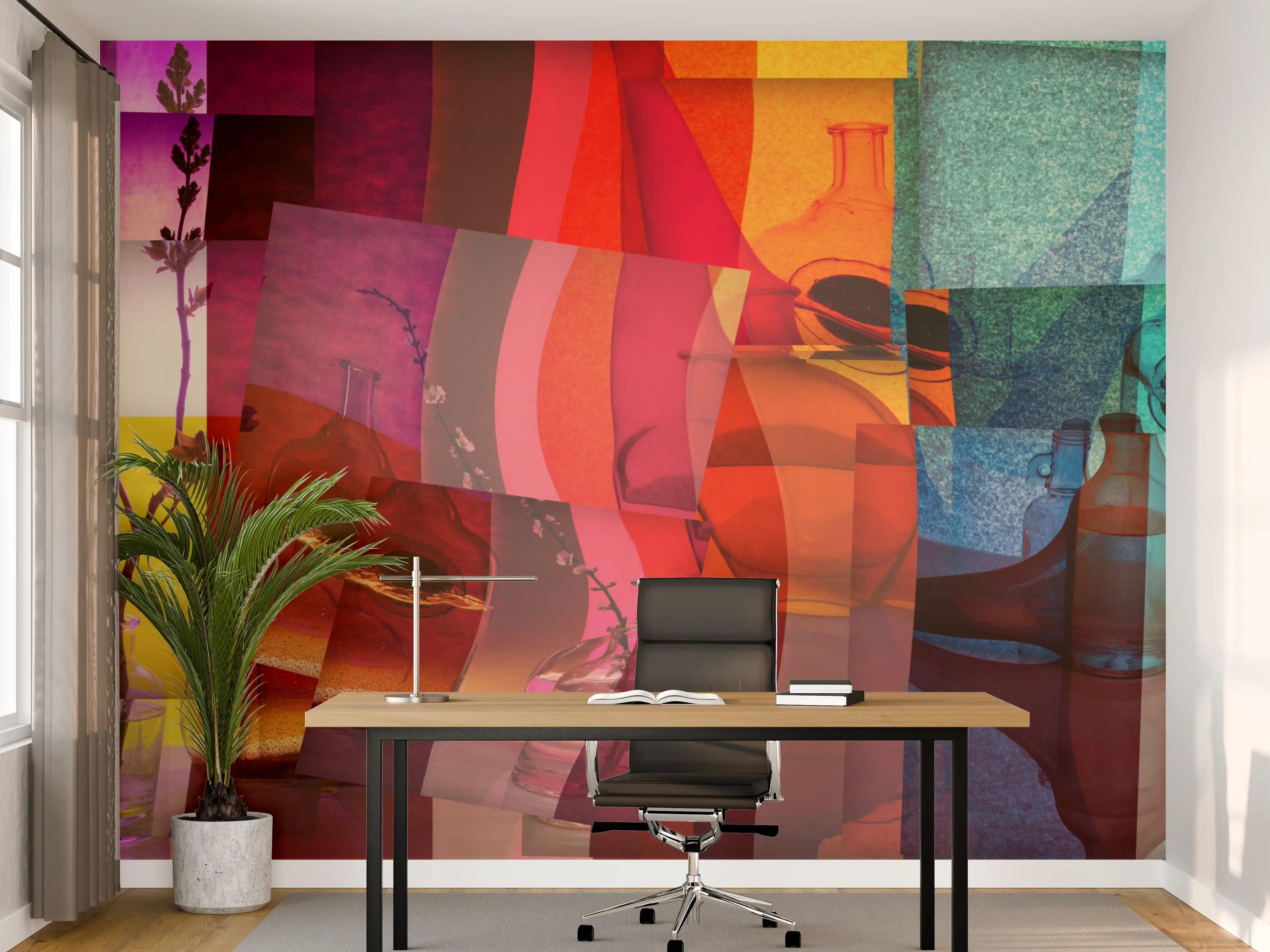 Büro Wandgestaltung - Bunte Glasflaschen und Pflanzen in Farbenpracht