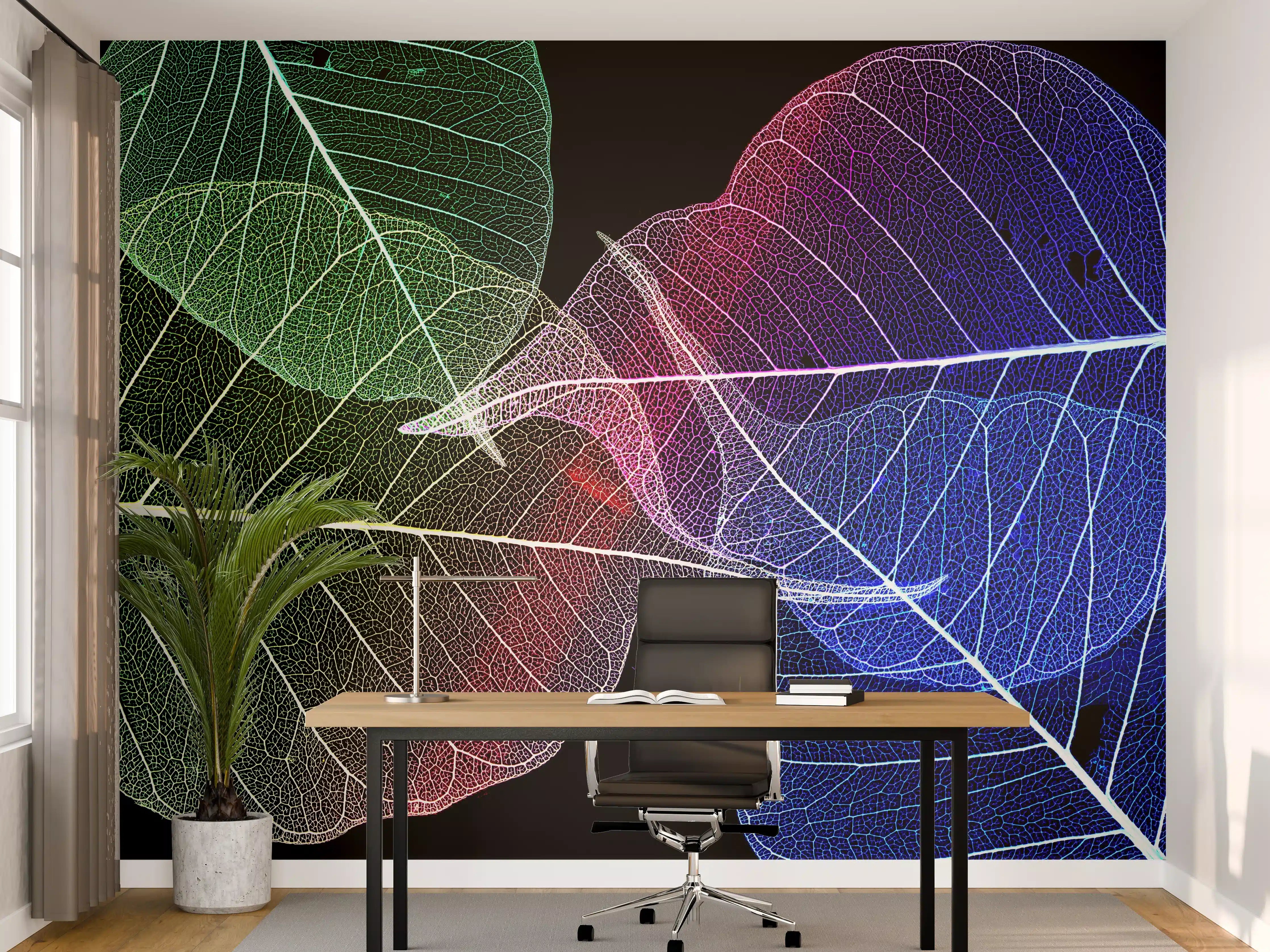 Büro Wandgestaltung - Bunte Laubtextur auf Schwarz