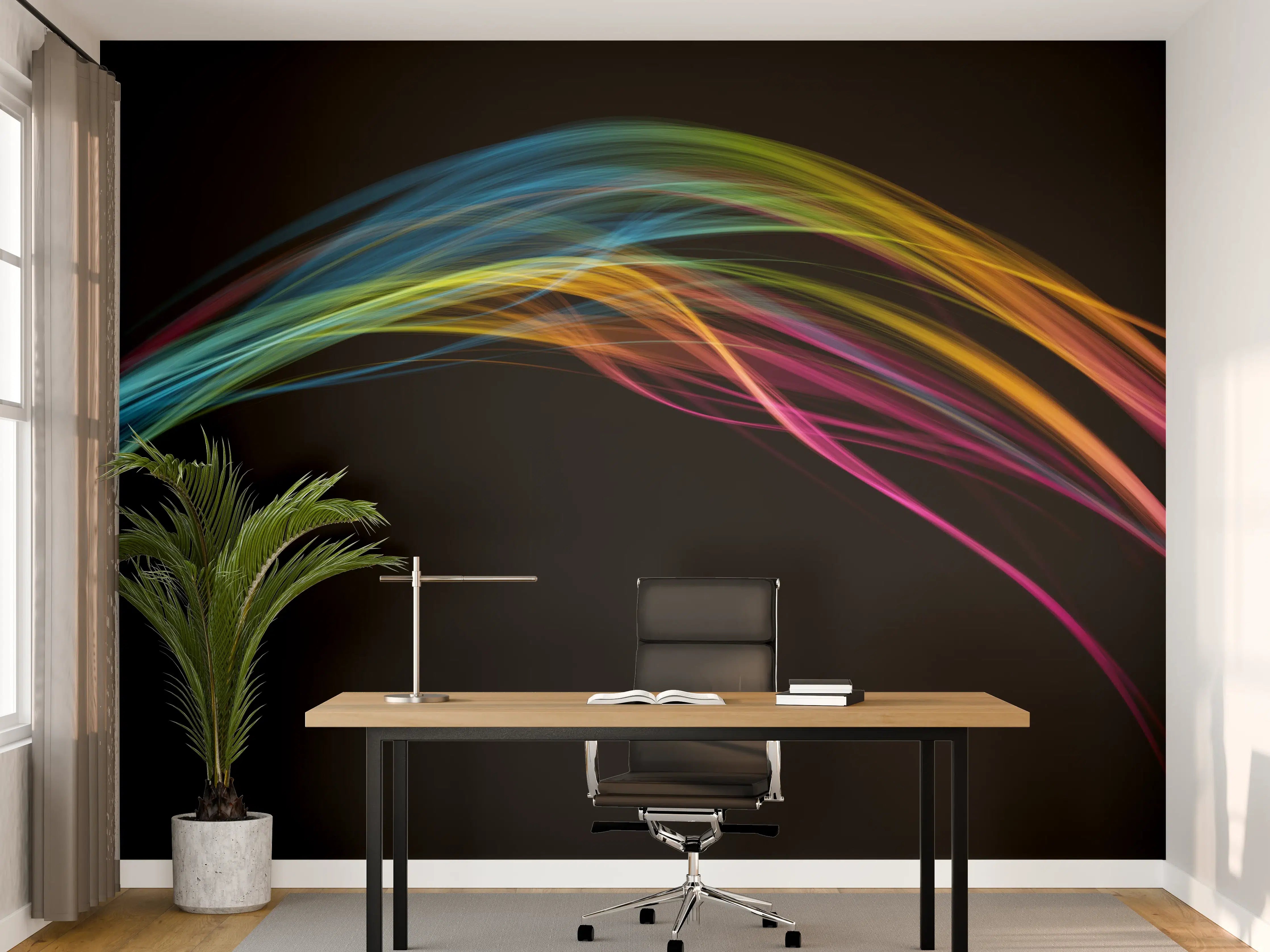 Büro Wandgestaltung - Bunte Lichtwellen auf schwarzem Hintergrund