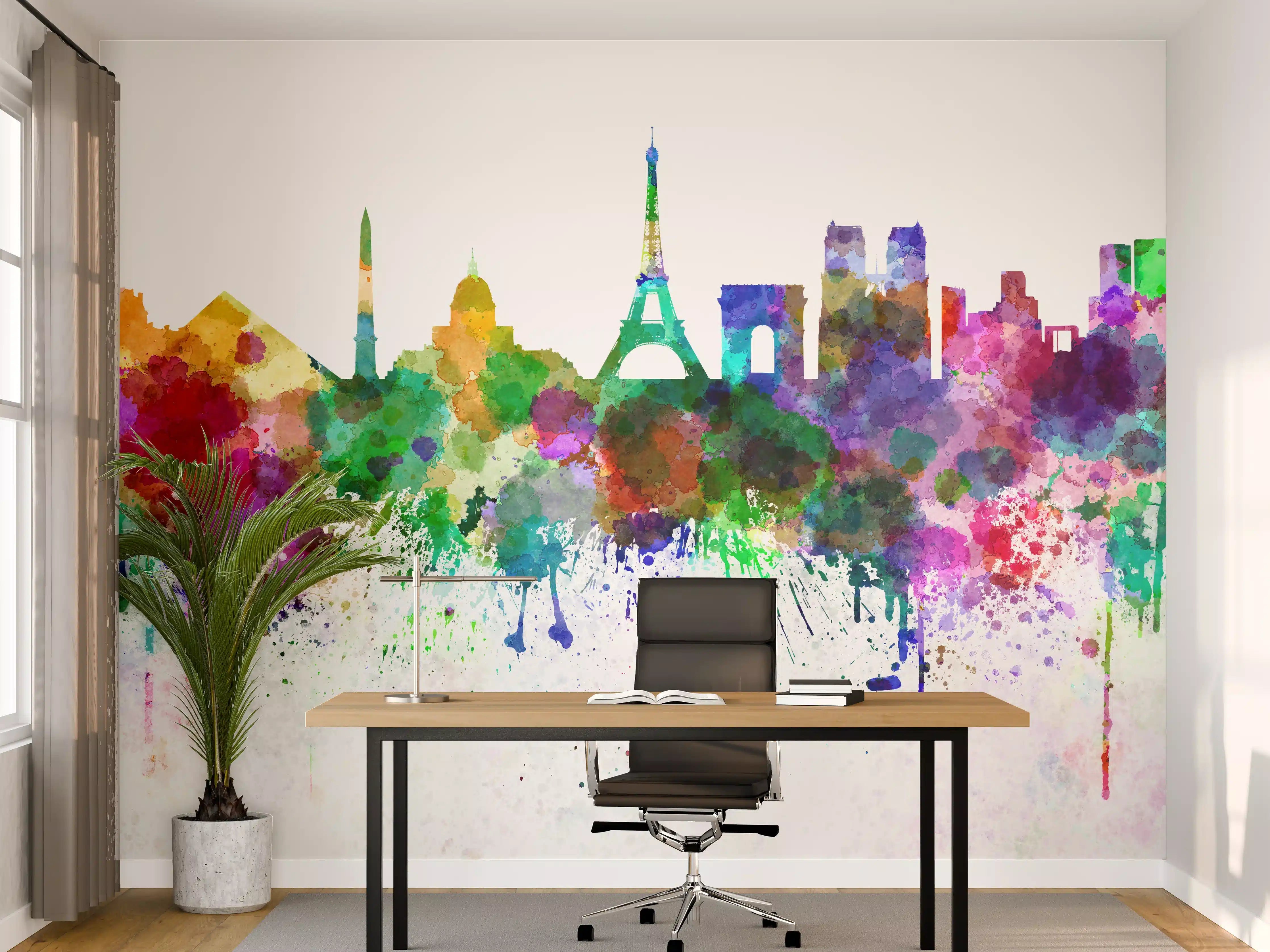 Büro Wandgestaltung - Bunte Paris Skyline Aquarell