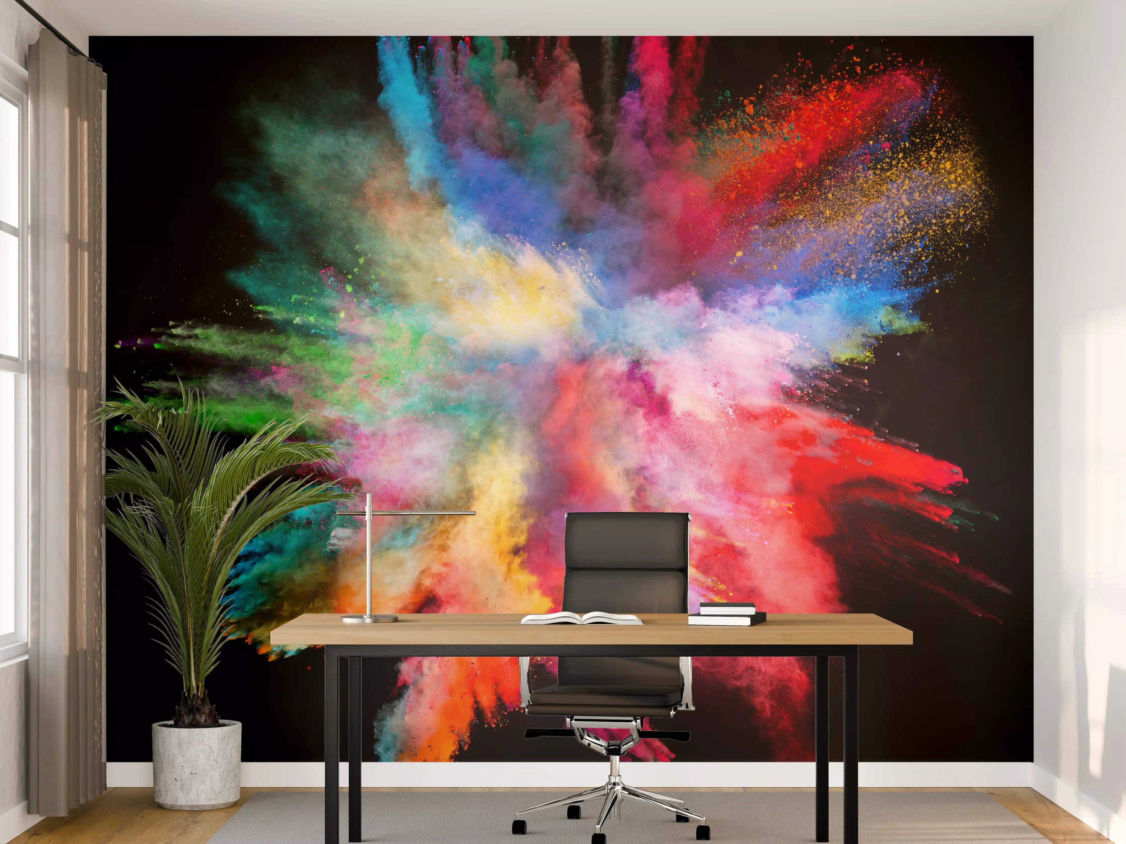 Büro Wandgestaltung - Bunte Pulverexplosion auf schwarzem Hintergrund