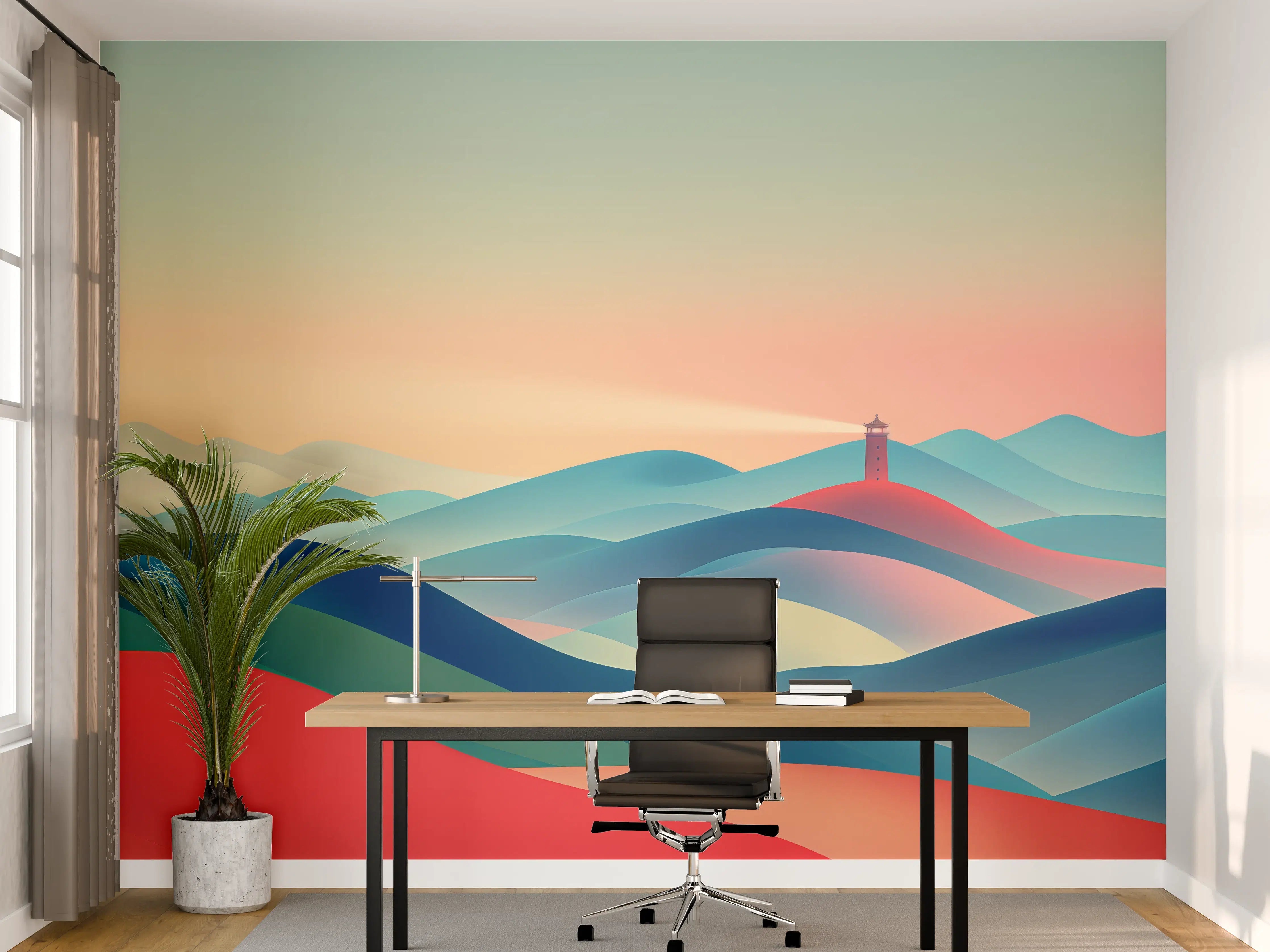 Büro Wandgestaltung - Bunte abstrakte Landschaft mit Leuchtturm