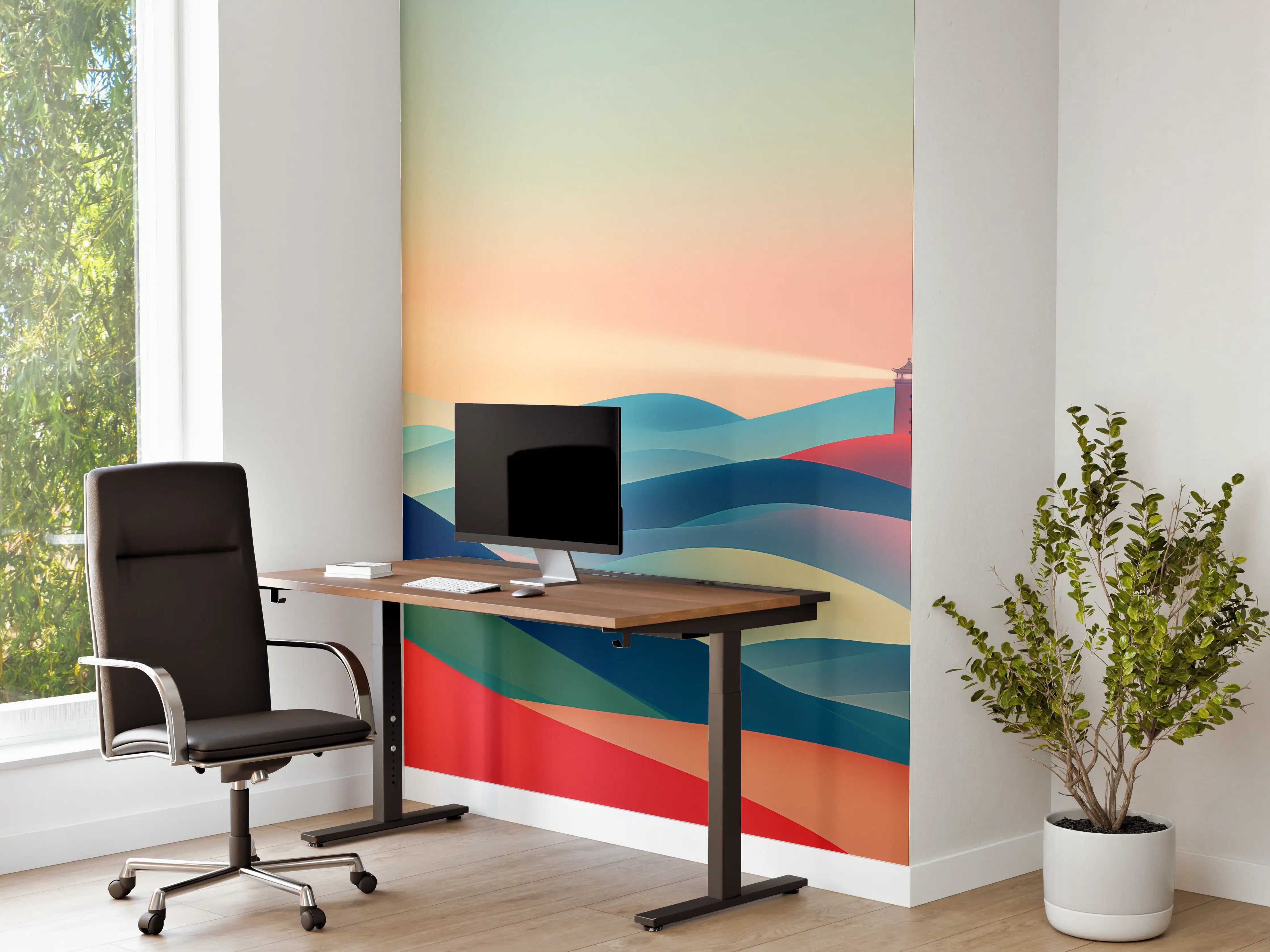 Büro Wandgestaltung - Bunte abstrakte Landschaft mit Leuchtturm