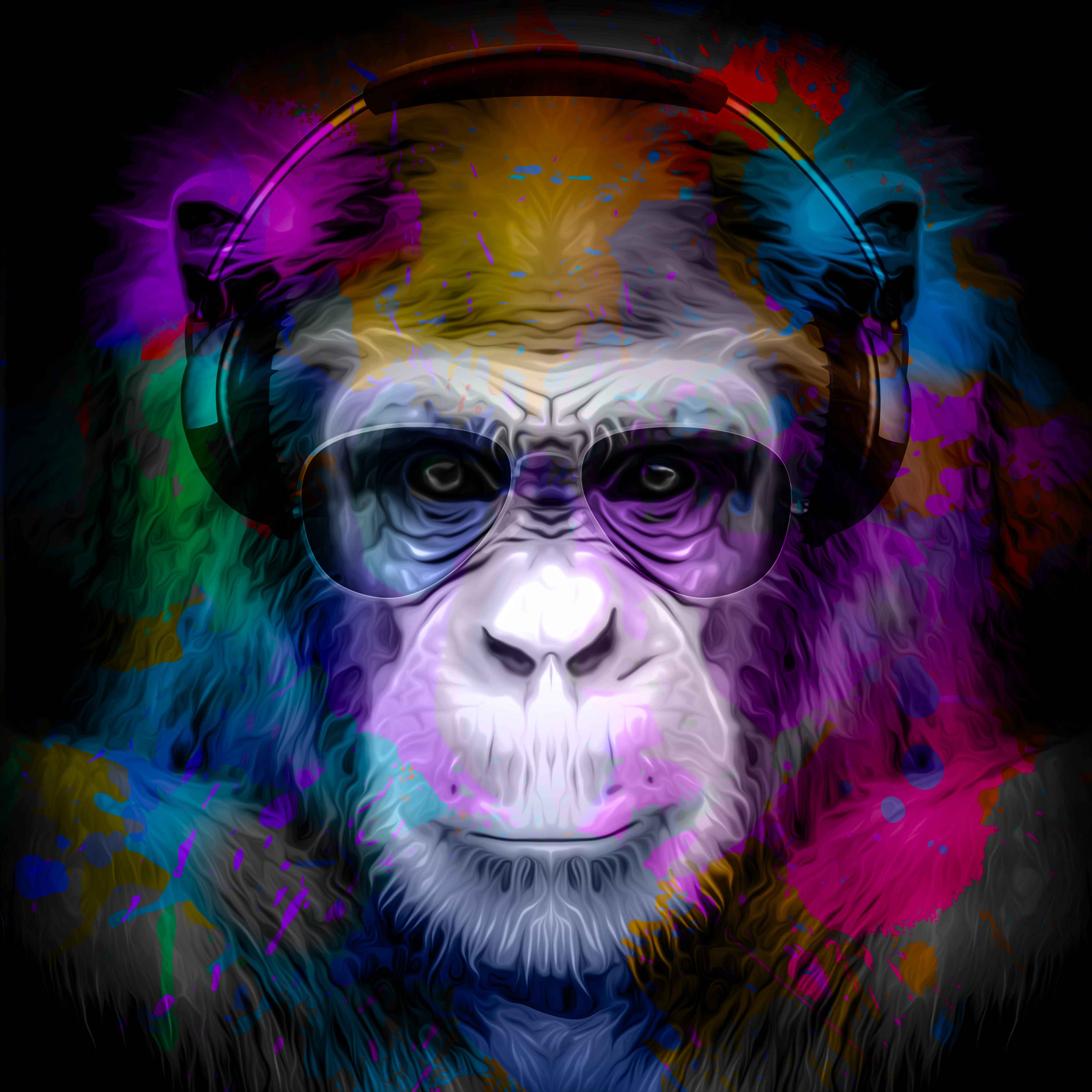 Büro Wandgestaltung-Bunter Affenkopf mit Brille und Kopfhörern