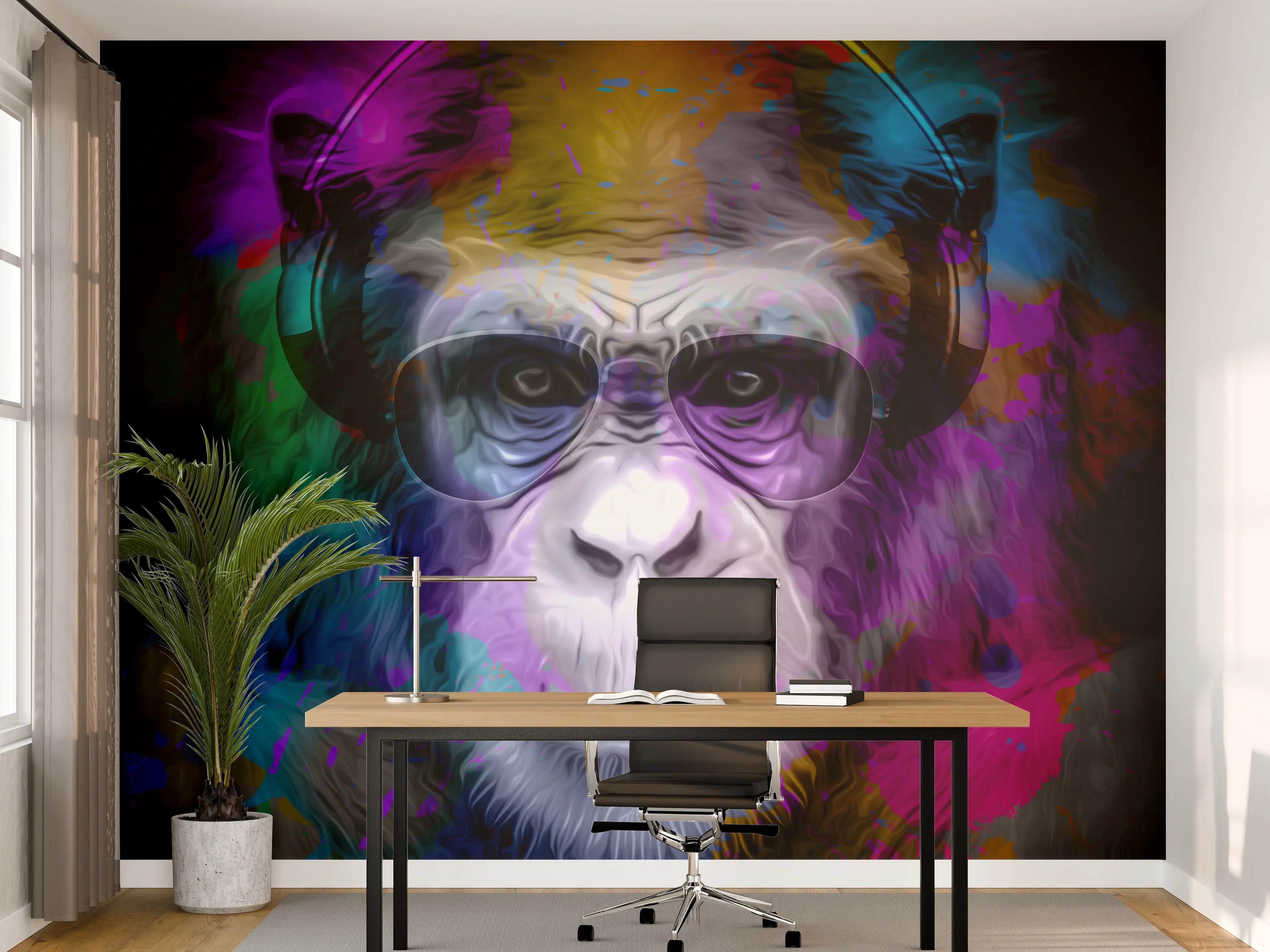 Büro Wandgestaltung - Bunter Affenkopf mit Brille und Kopfhörern