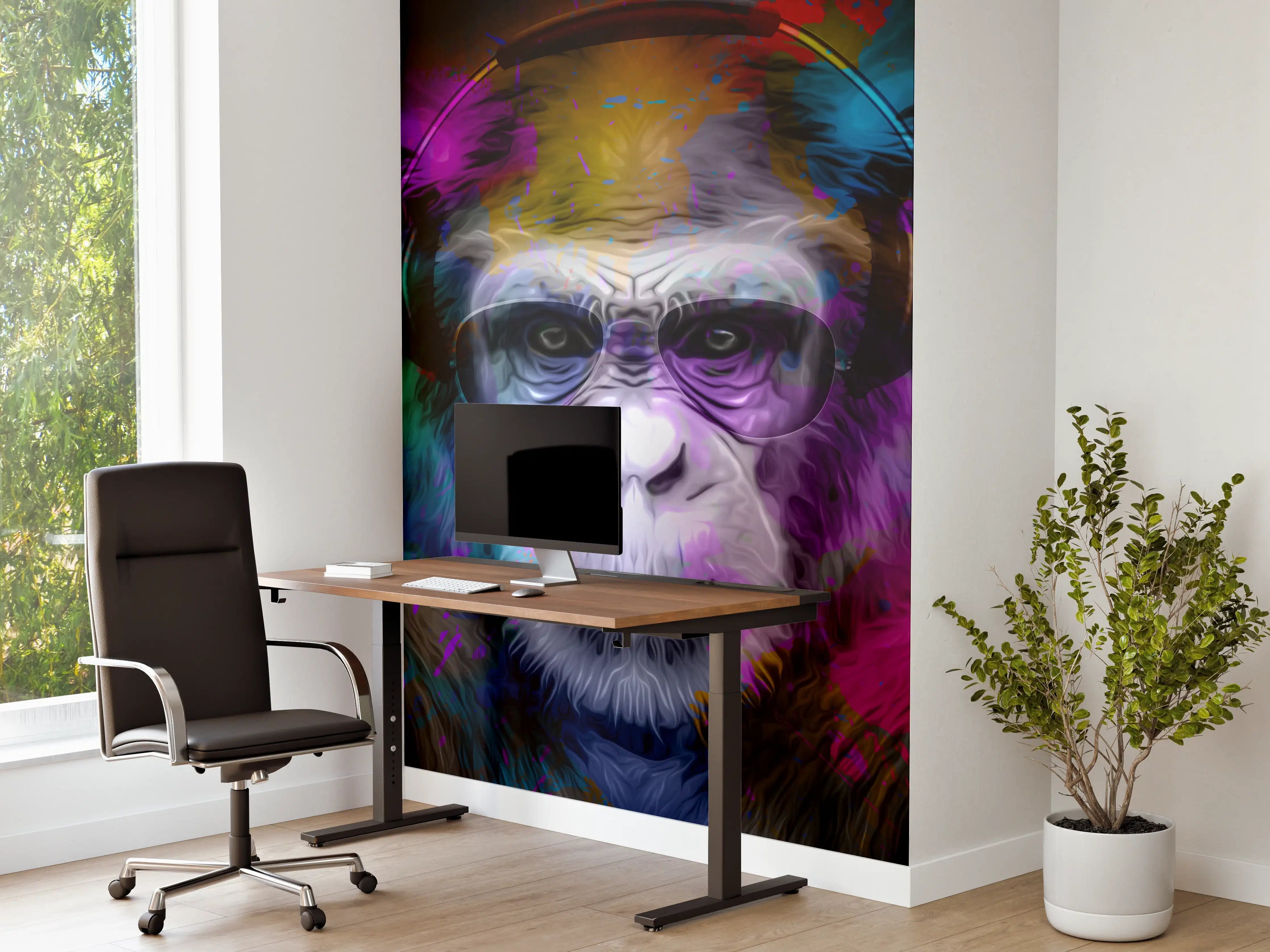Büro Wandgestaltung - Bunter Affenkopf mit Brille und Kopfhörern