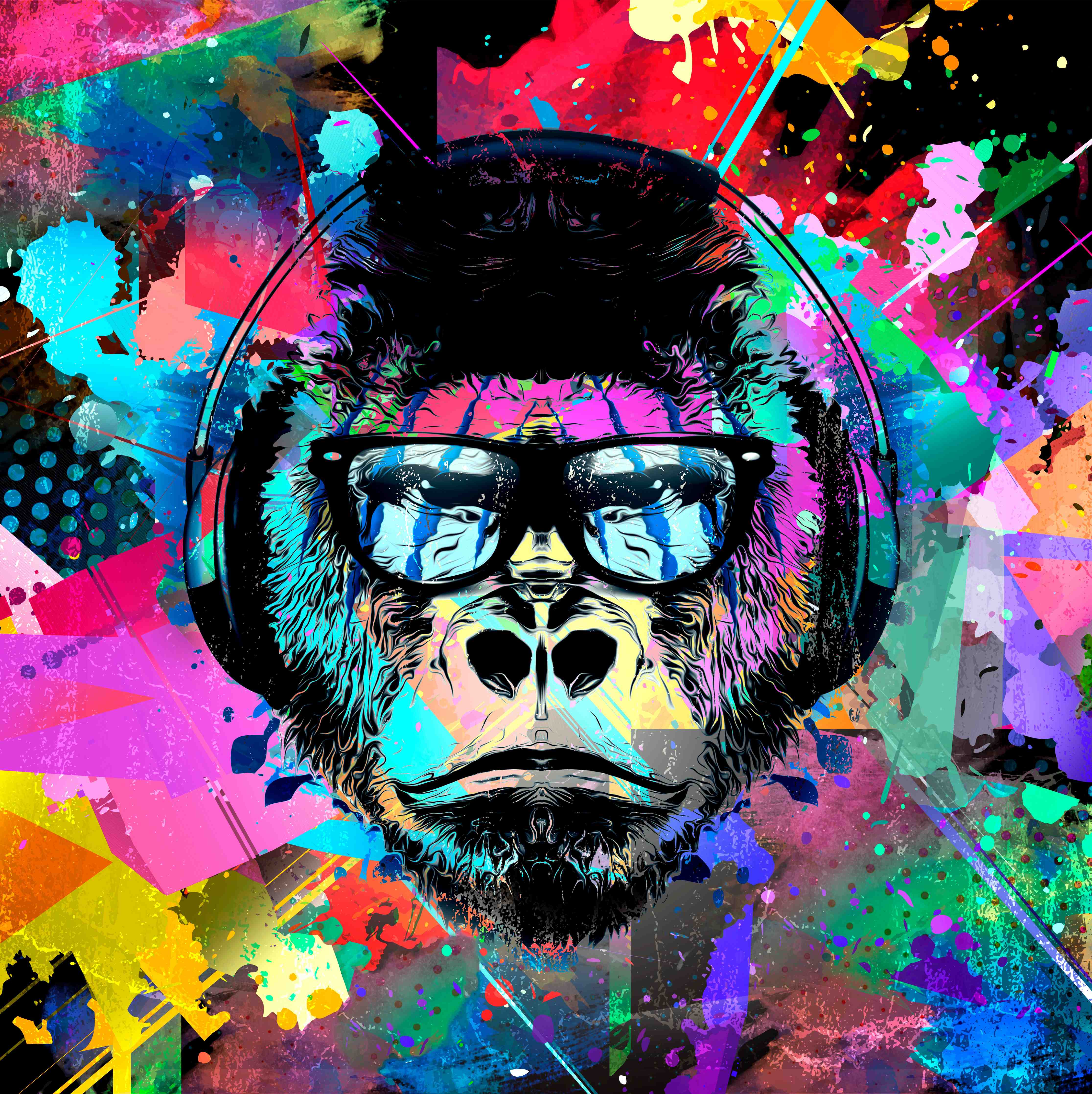 Büro Wandgestaltung-Bunter Affenkopf mit Kopfhörer und Brille