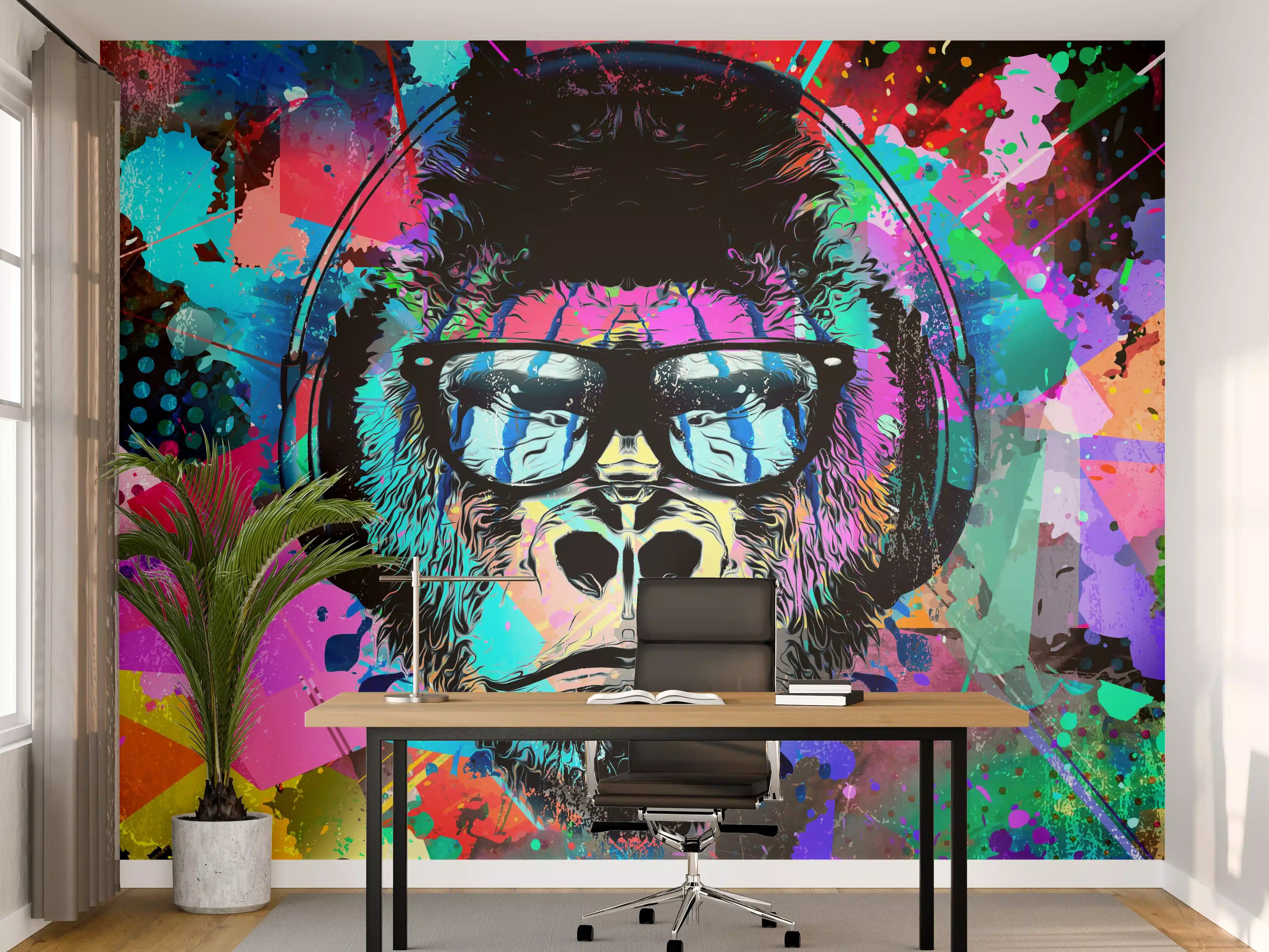 Büro Wandgestaltung - Bunter Affenkopf mit Kopfhörer und Brille