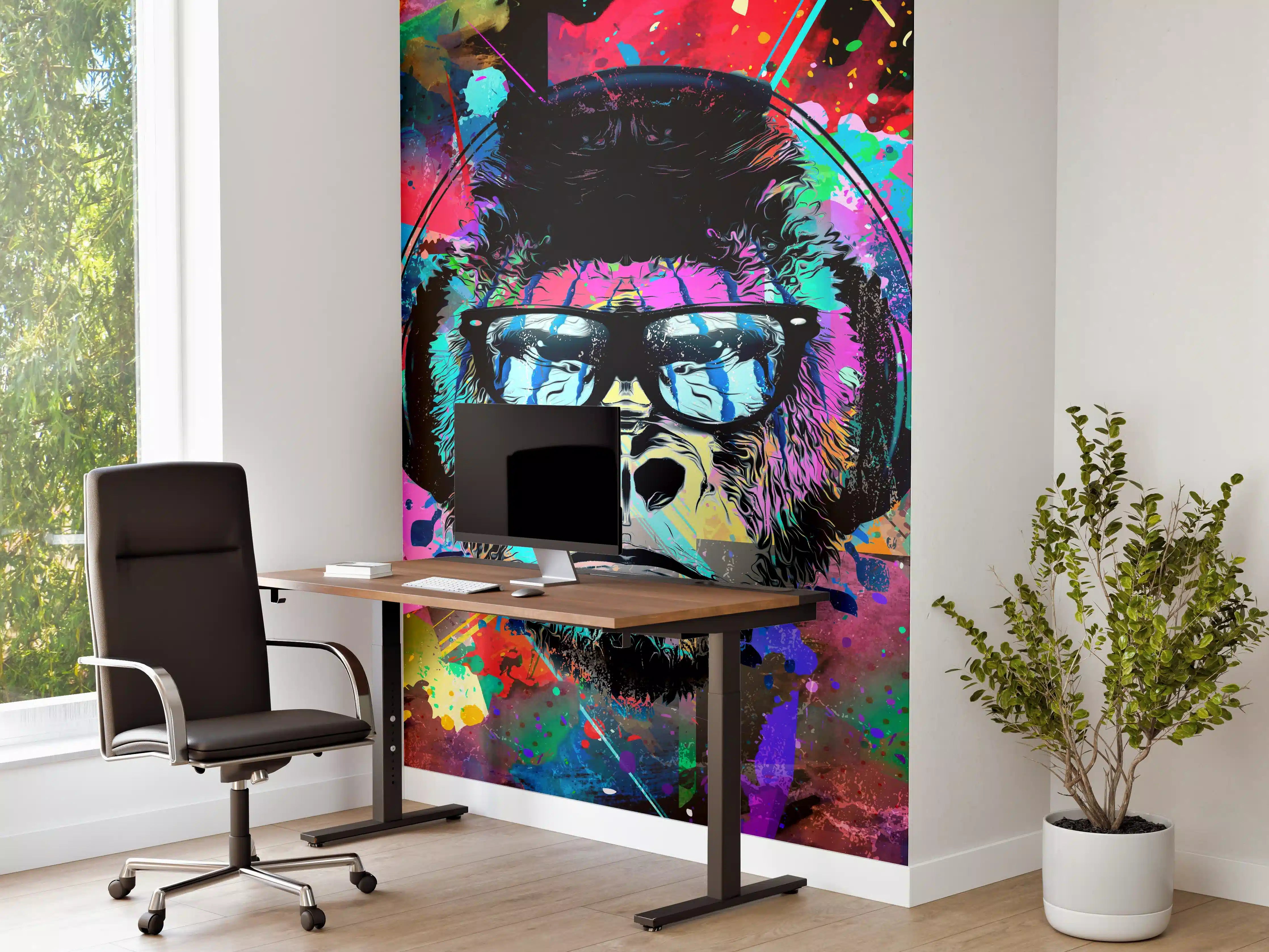 Büro Wandgestaltung - Bunter Affenkopf mit Kopfhörer und Brille