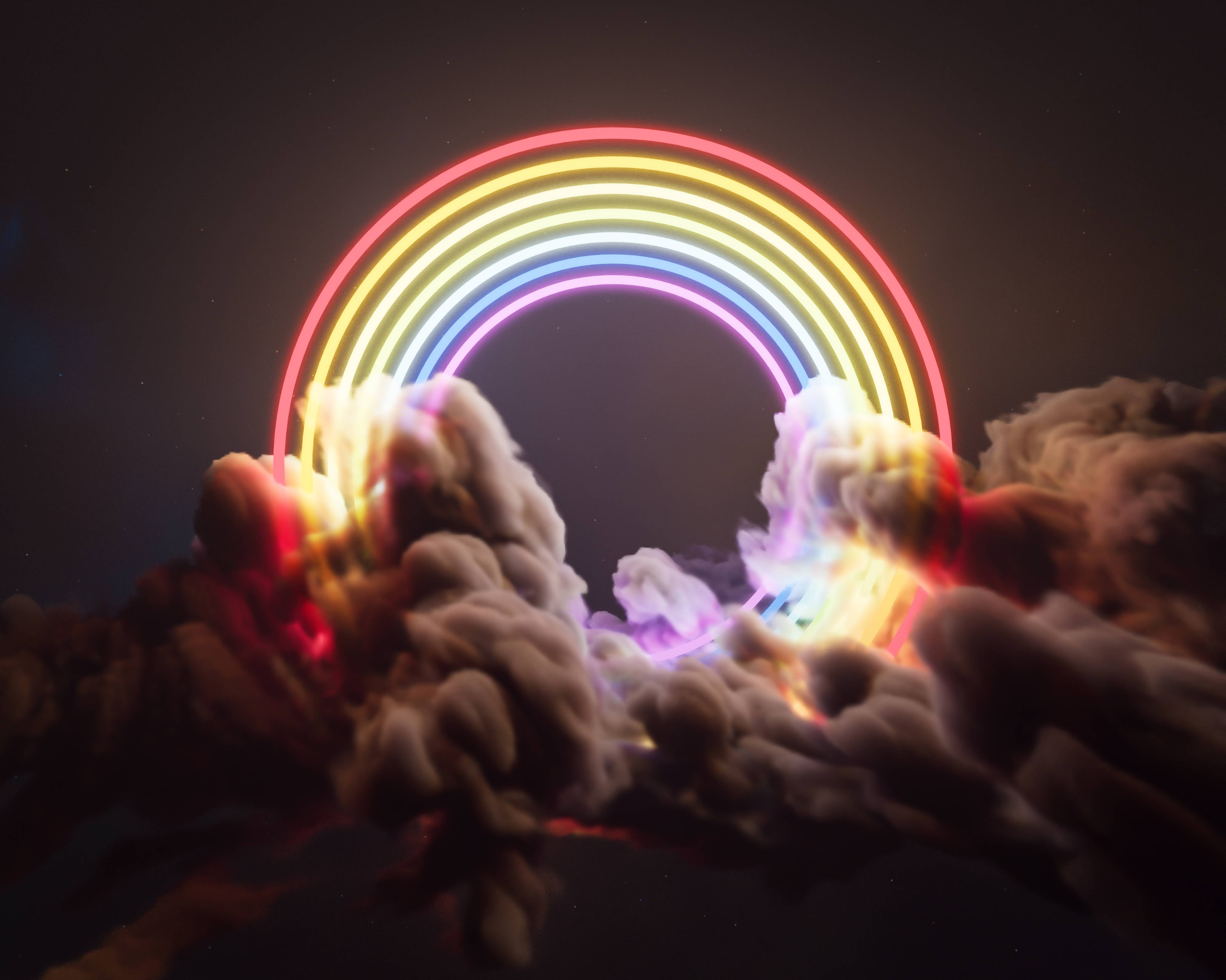 Büro Wandgestaltung-Bunter Neon-Regenbogen auf Wolken