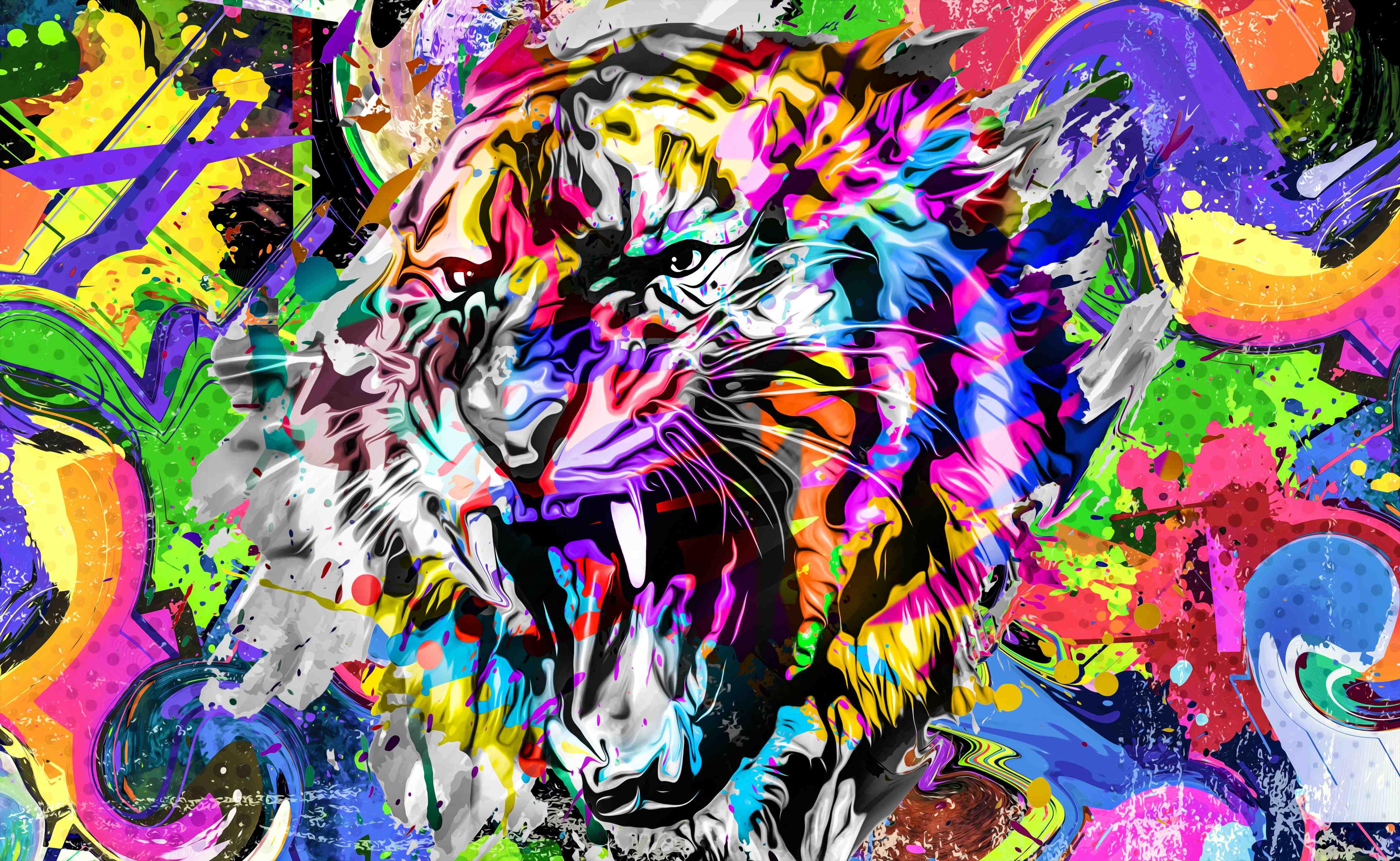 Büro Wandgestaltung-Bunter Tigerkopf mit abstrakten Elementen