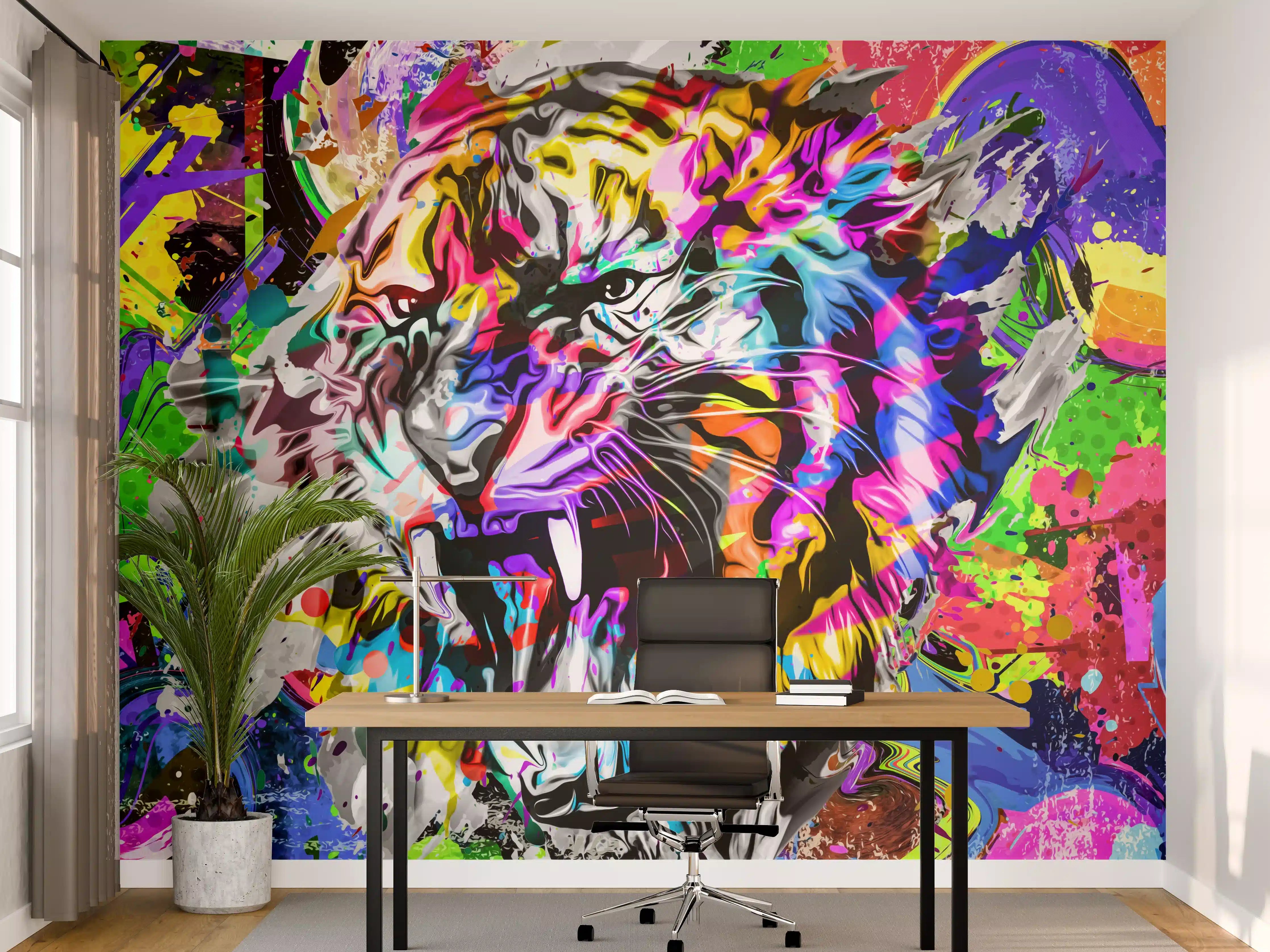 Büro Wandgestaltung - Bunter Tigerkopf mit abstrakten Elementen