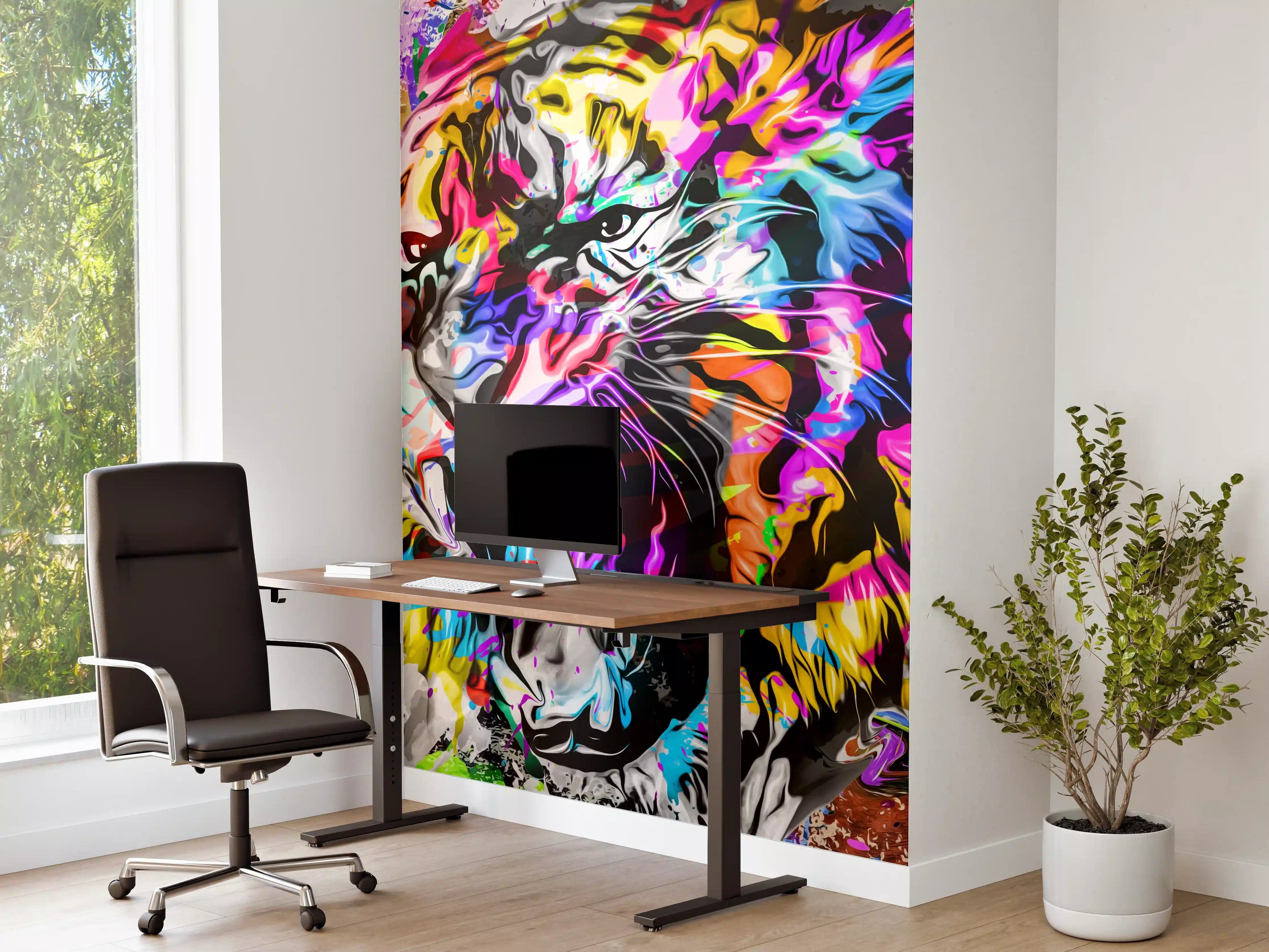 Büro Wandgestaltung - Bunter Tigerkopf mit abstrakten Elementen