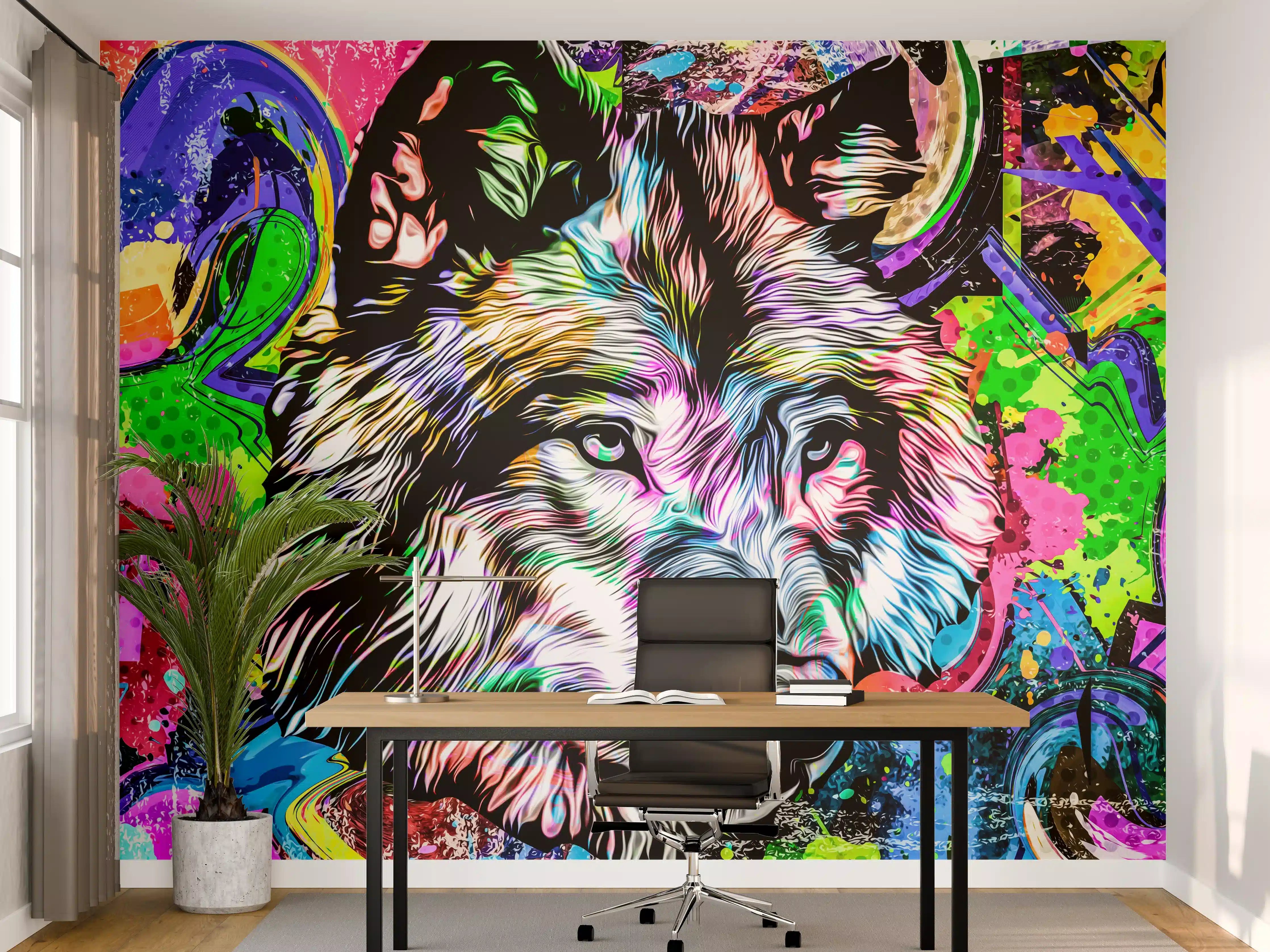 Büro Wandgestaltung - Bunter Wolfskopf mit abstrakten Elementen