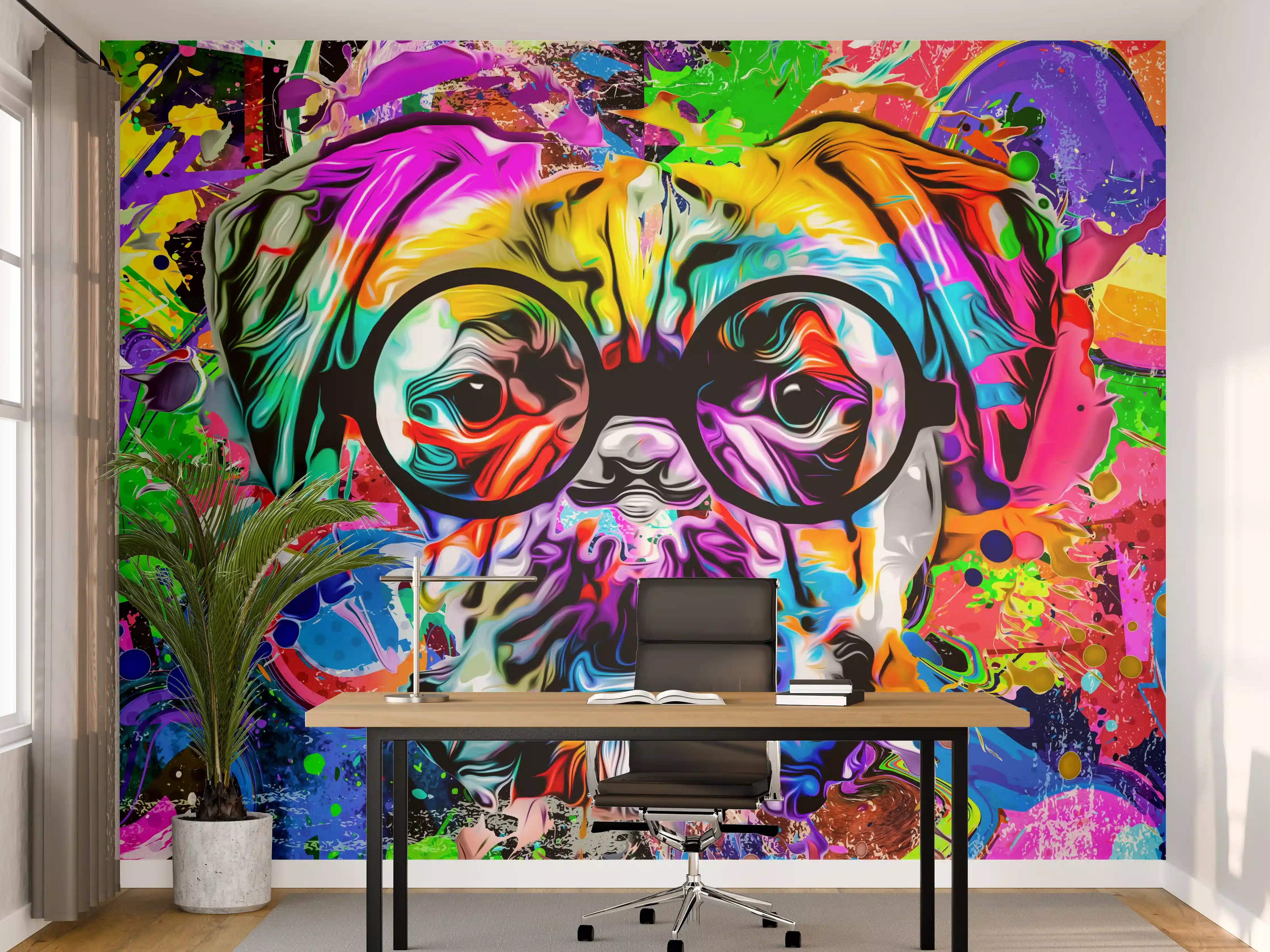 Büro Wandgestaltung - Bunter abstrakter Hundekopf mit Brille