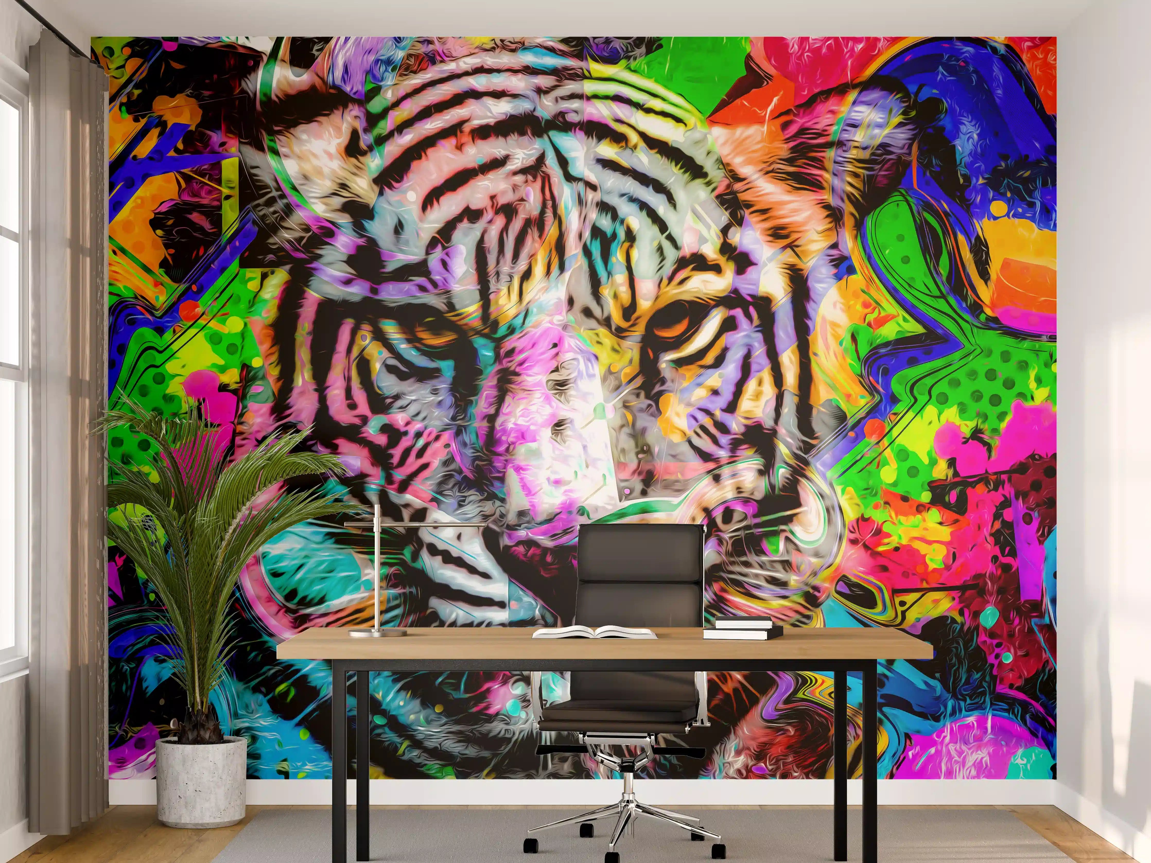 Büro Wandgestaltung - Bunter abstrakter Tigerkopf