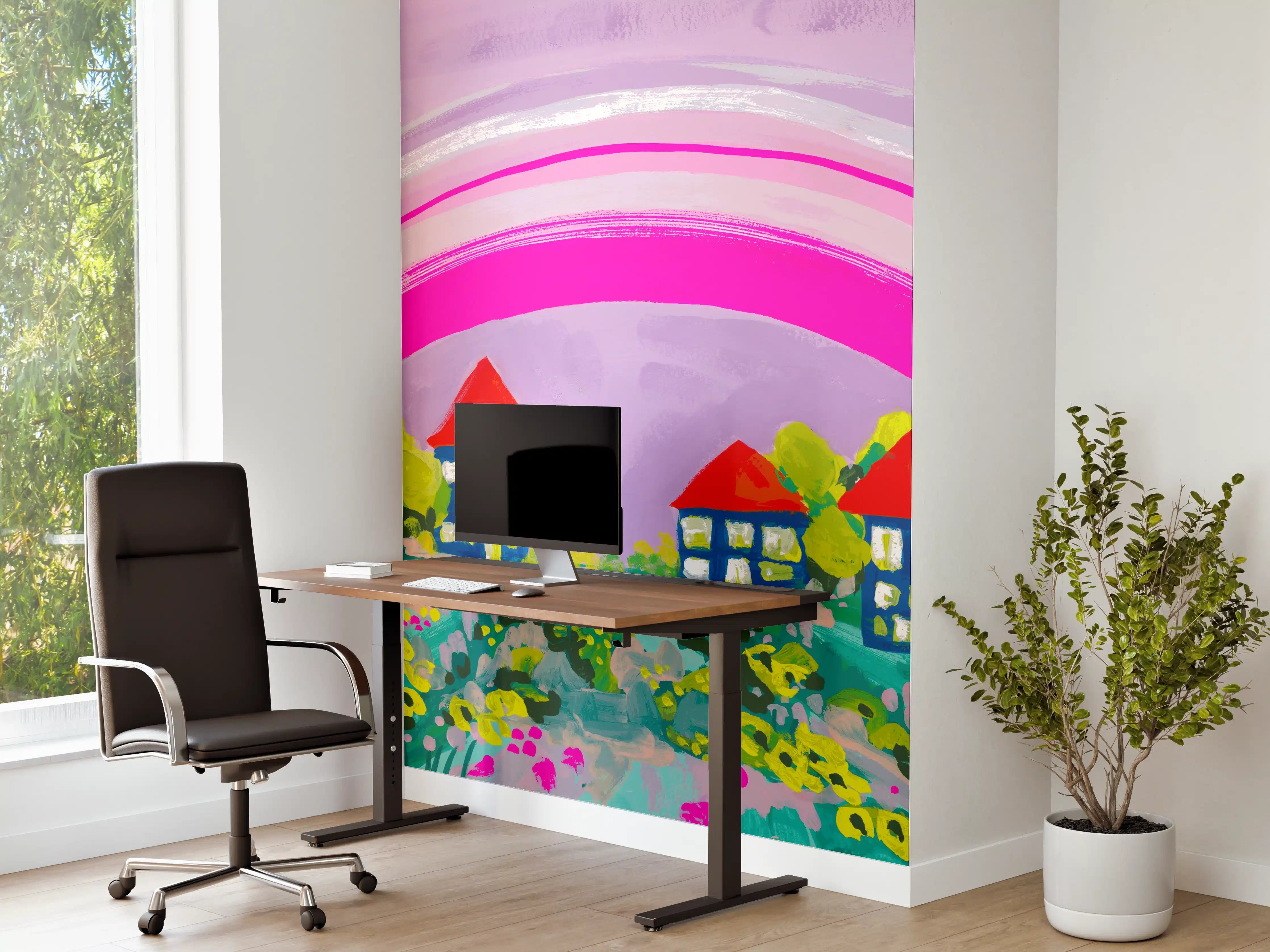 Büro Wandgestaltung - Buntes Dorf mit Regenbogen
