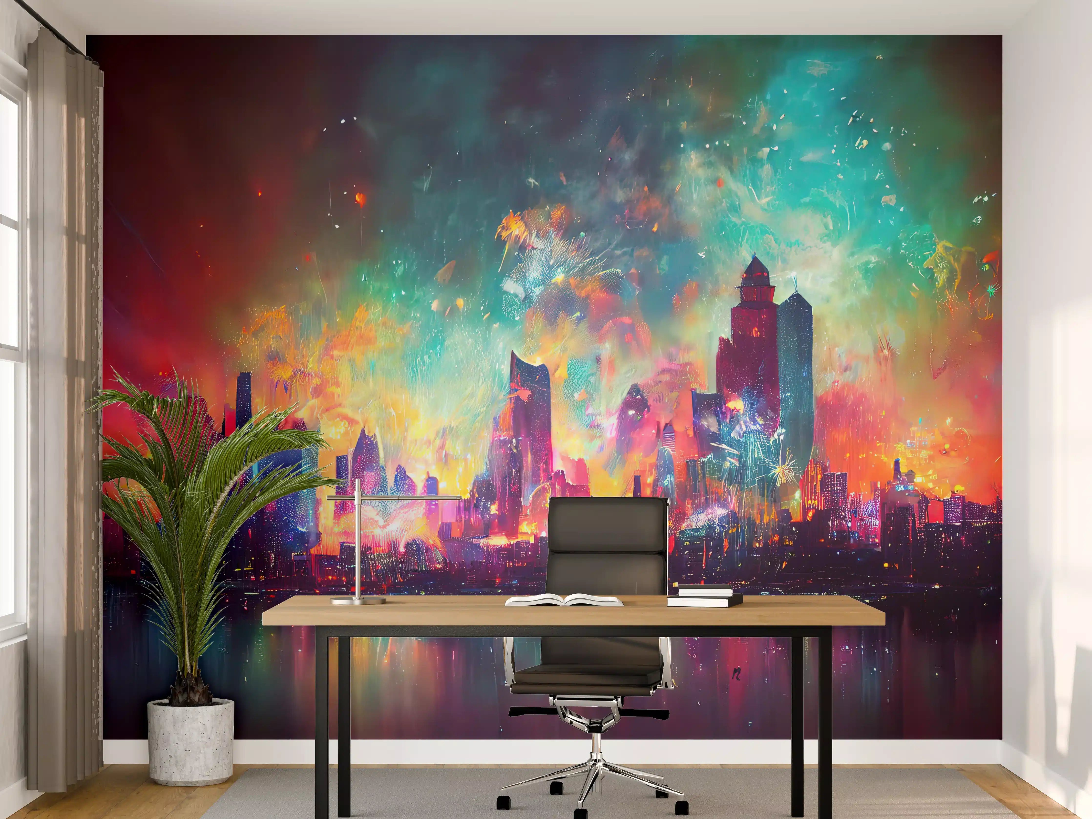 Büro Wandgestaltung - Buntes Feuerwerk bei Nacht - Graphik