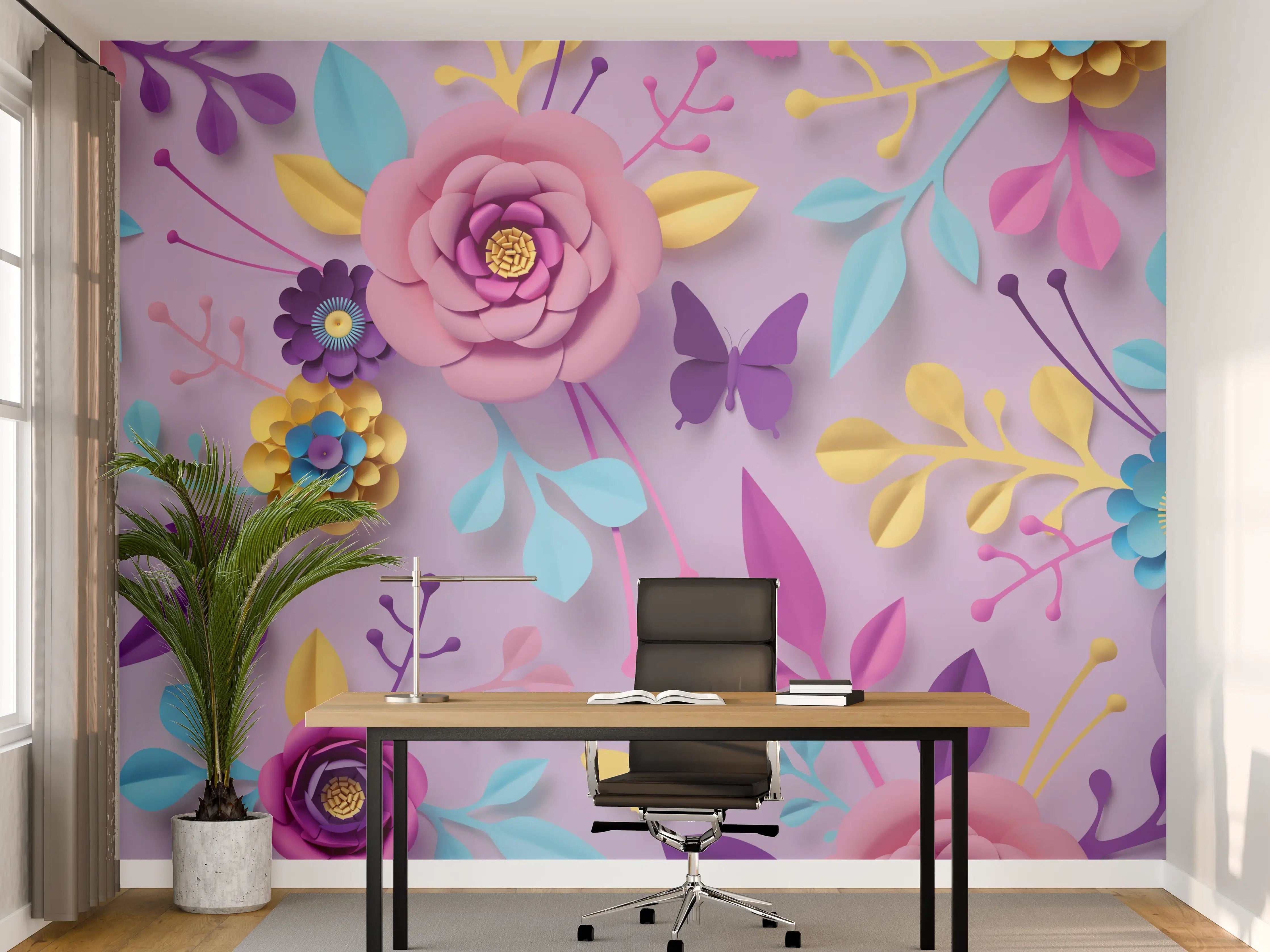 Büro Wandgestaltung - Buntes Papierblumen-Wandbild