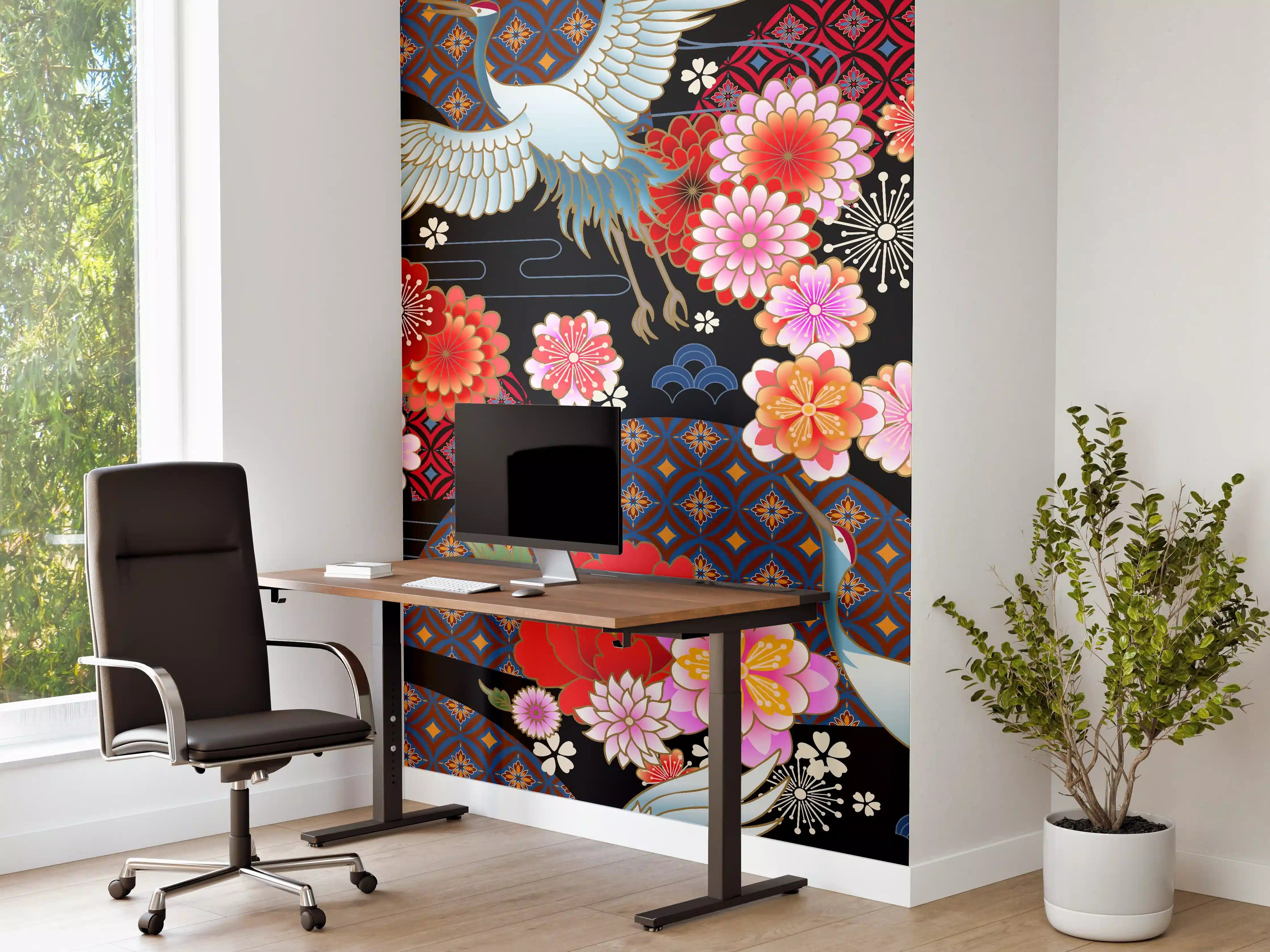 Büro Wandgestaltung - Buntes Vogel-Blumen-Muster