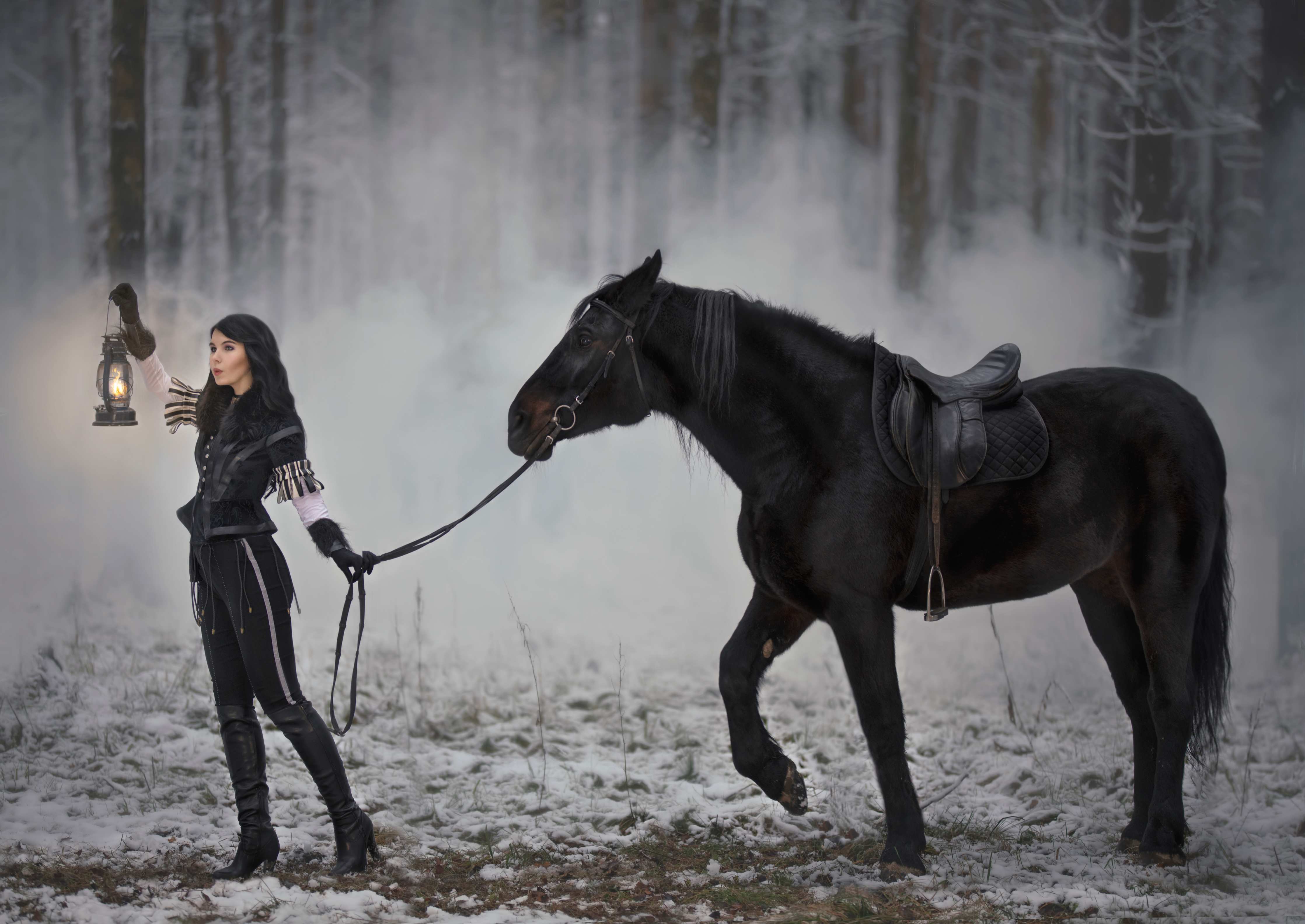 Büro Wandgestaltung-Cosplay-Zauberin The Witcher mit Pferd