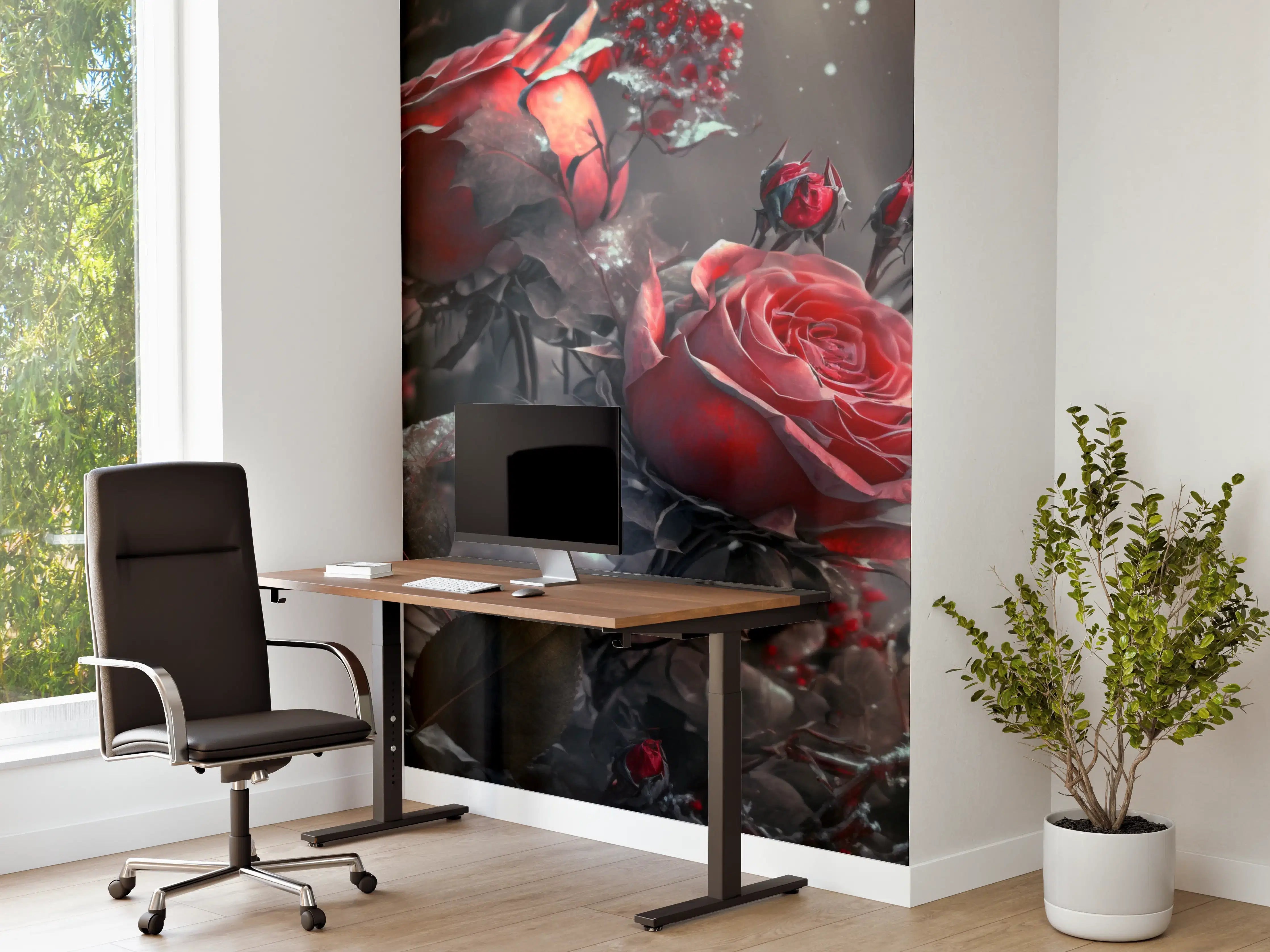 Büro Wandgestaltung - Dramatische Rosen- und Herz-Arrangements in dunklem Ambiente