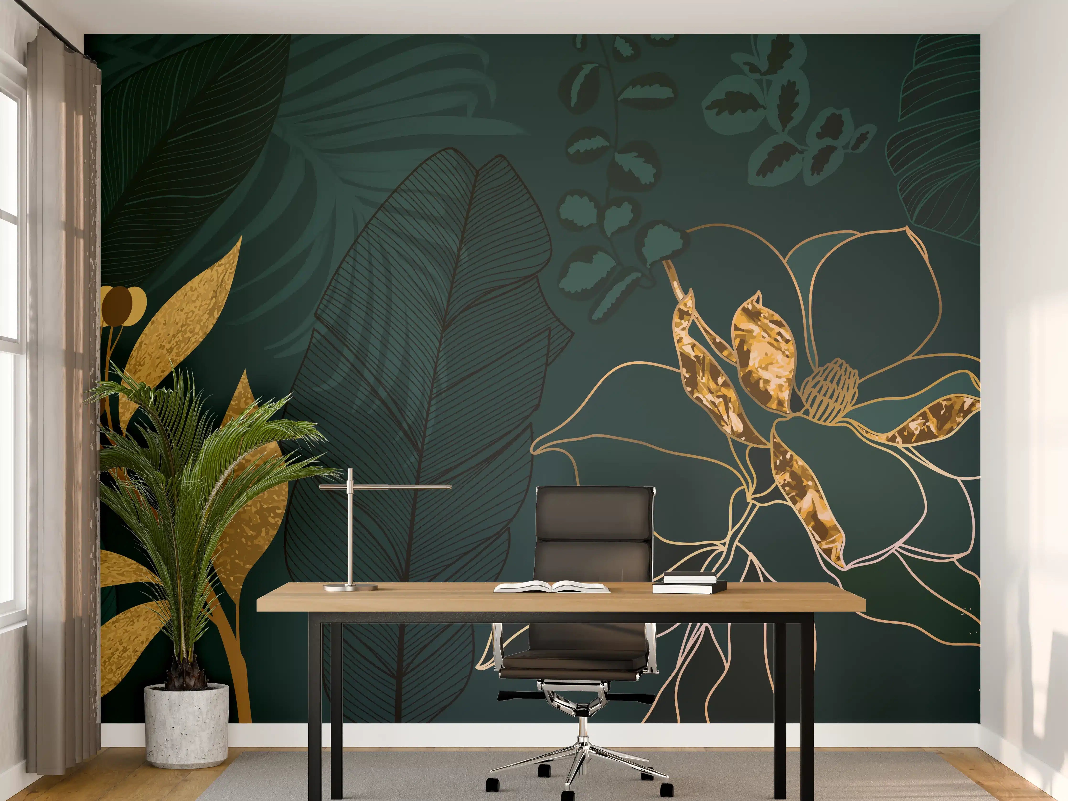 Büro Wandgestaltung - Dschungel-Blatt-Gold-Linie