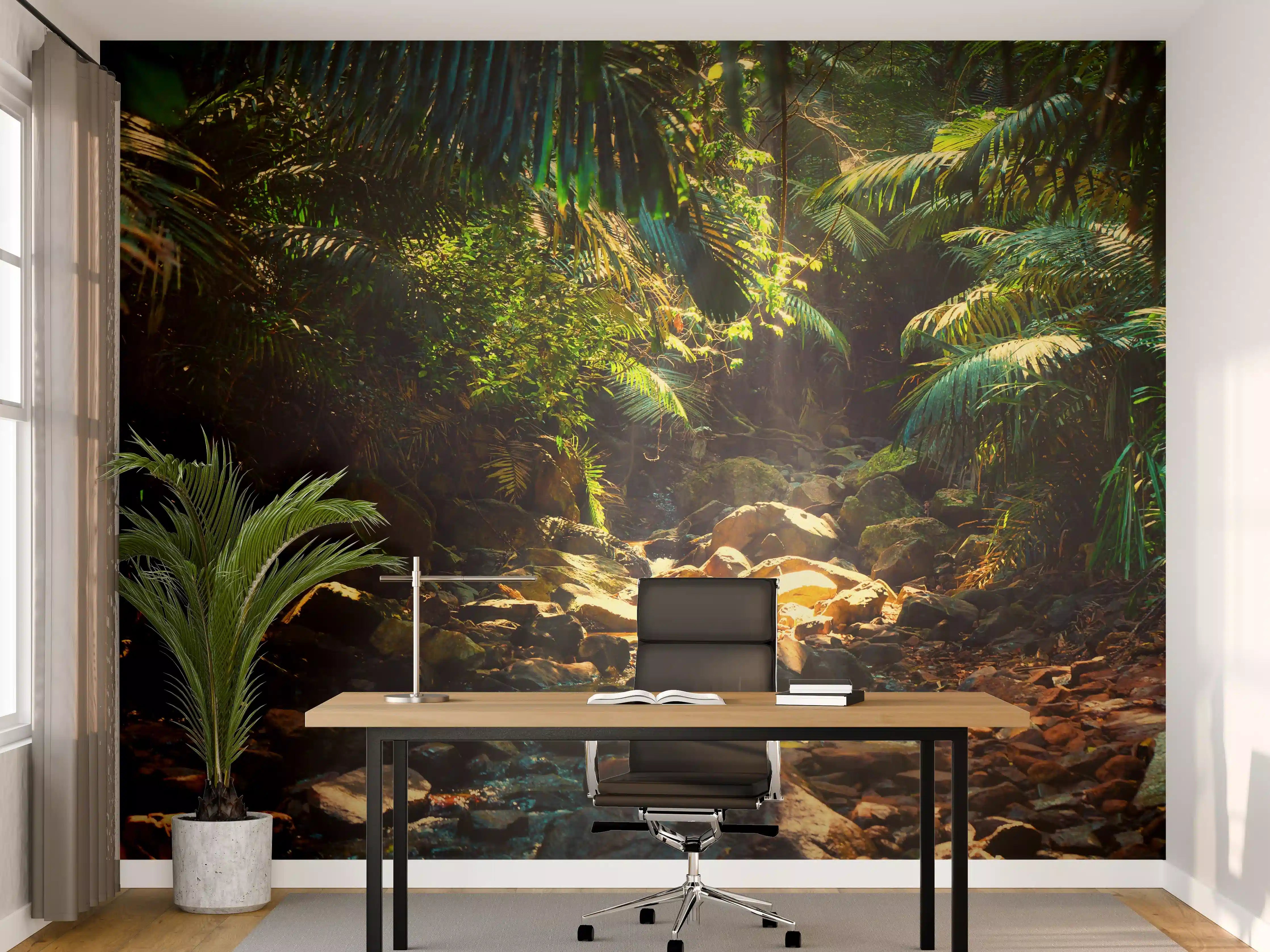 Büro Wandgestaltung - Dschungelpfad mit Sonnenlicht