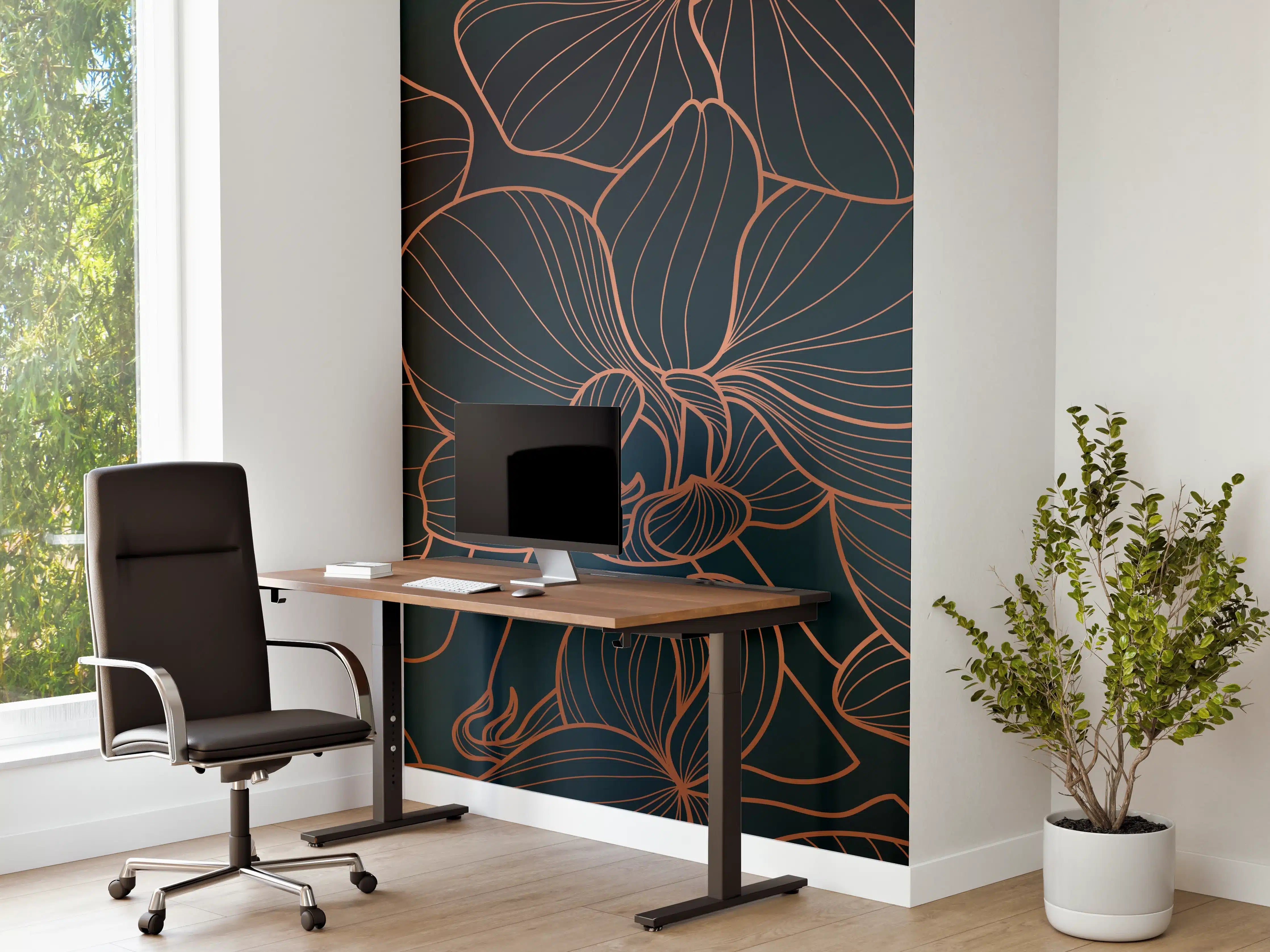 Büro Wandgestaltung - Dunkelblaue Floral Linien Kunst