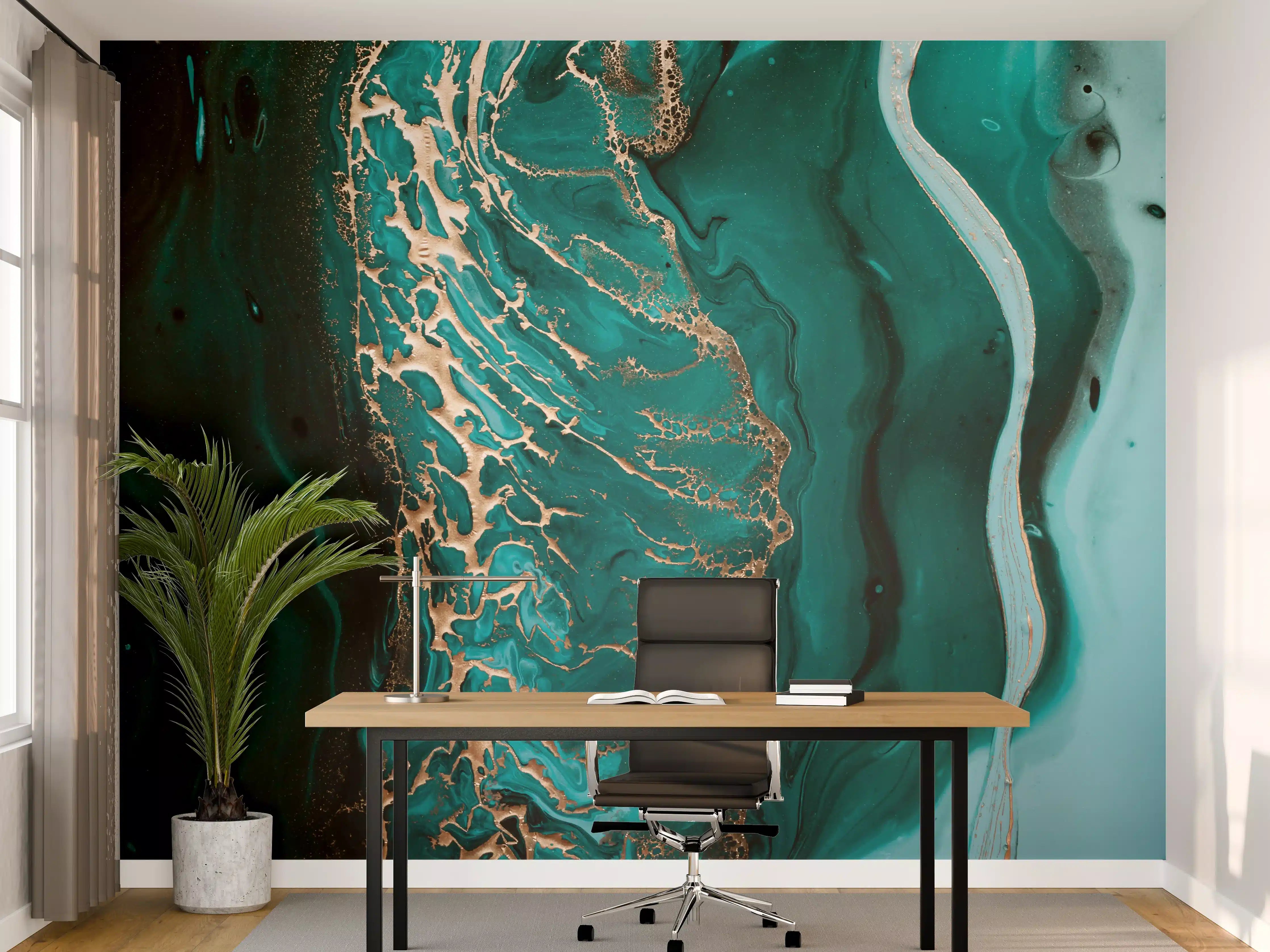 Büro Wandgestaltung - Dunkelgrün Goldene Meerestextur