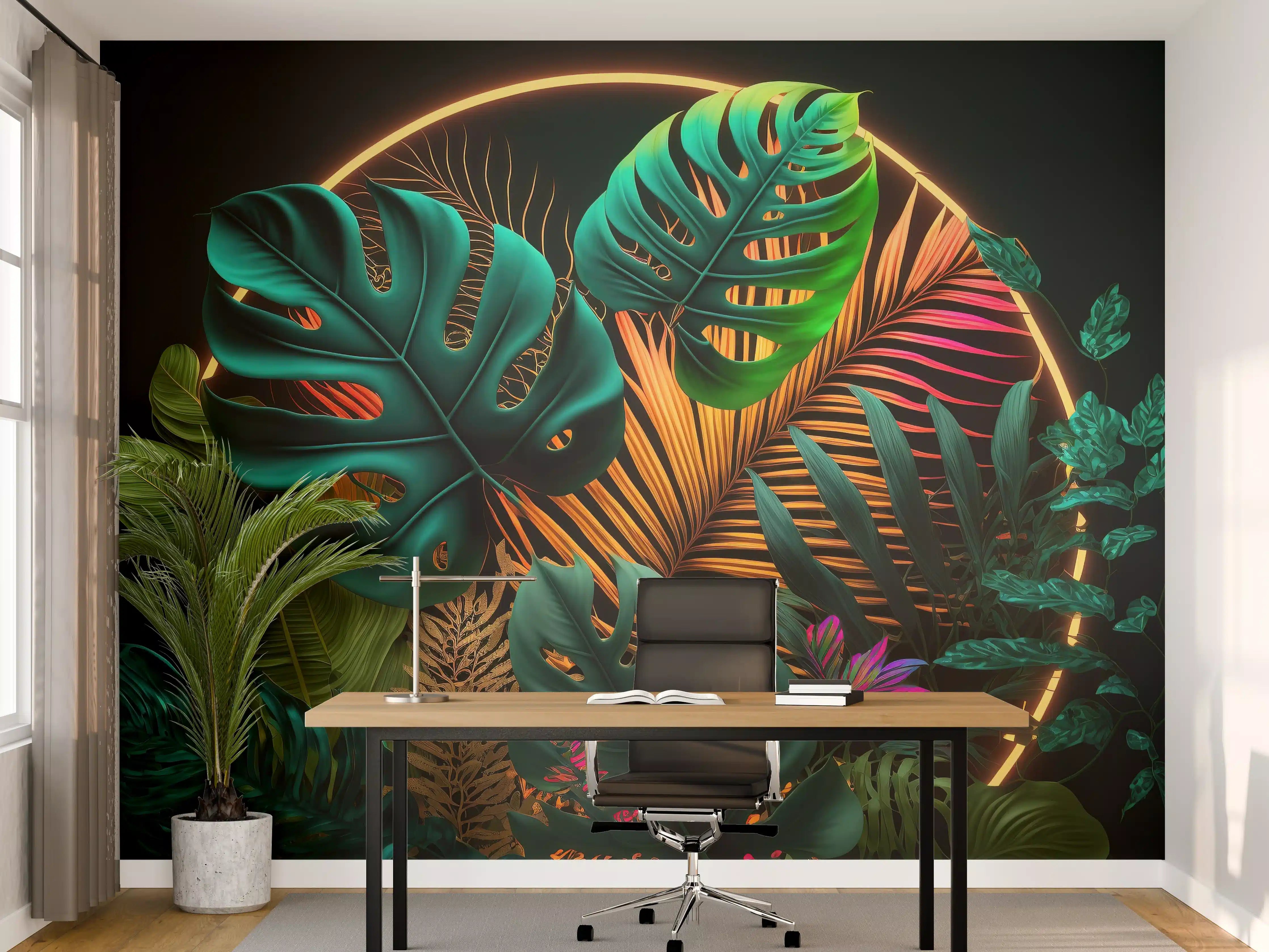 Büro Wandgestaltung - Dunkelgrüne tropische Blätter buntes Neonlicht