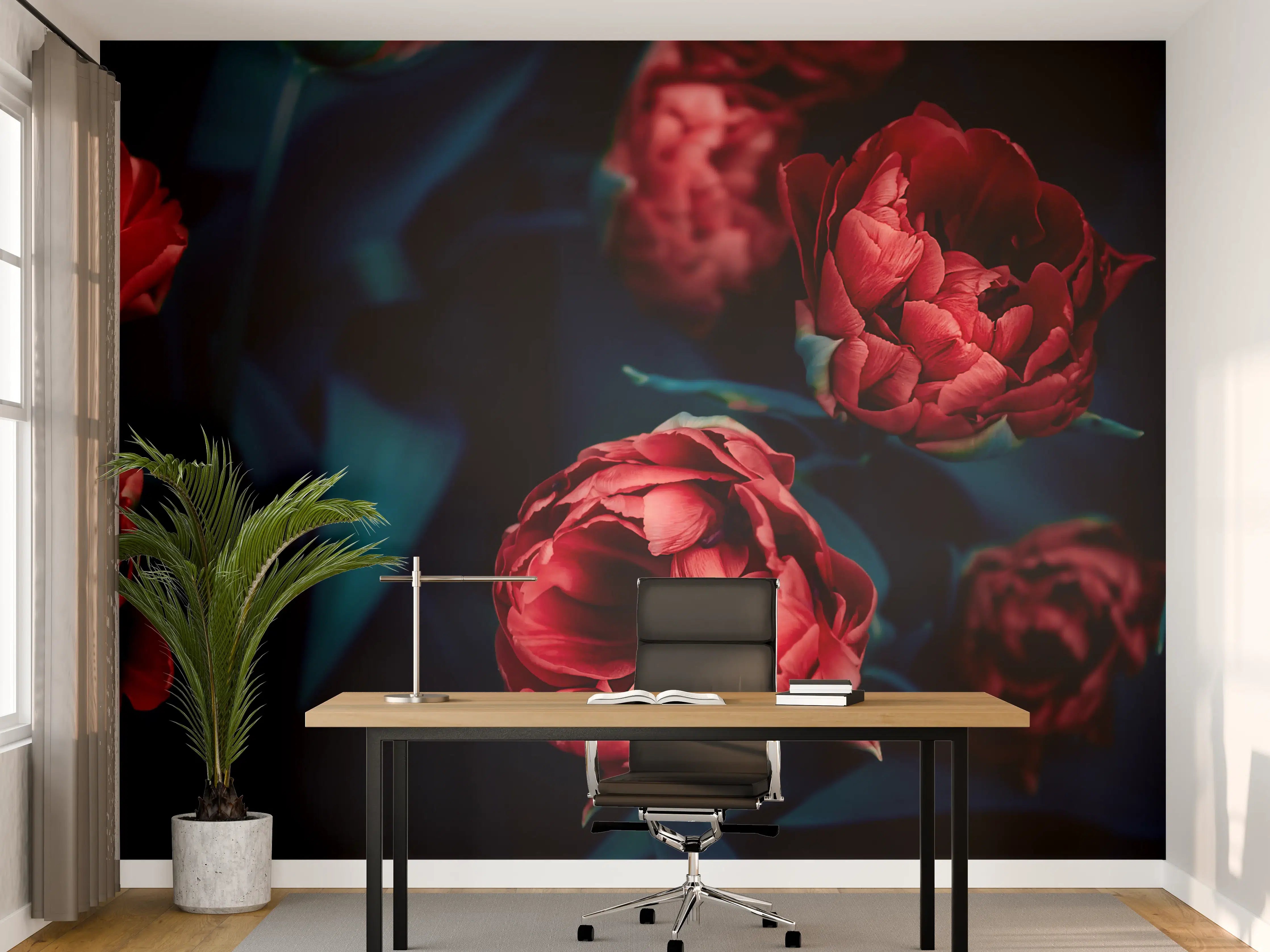 Büro Wandgestaltung - Dunkle Rote Pfingstrosen mit dunklem Hintergrund