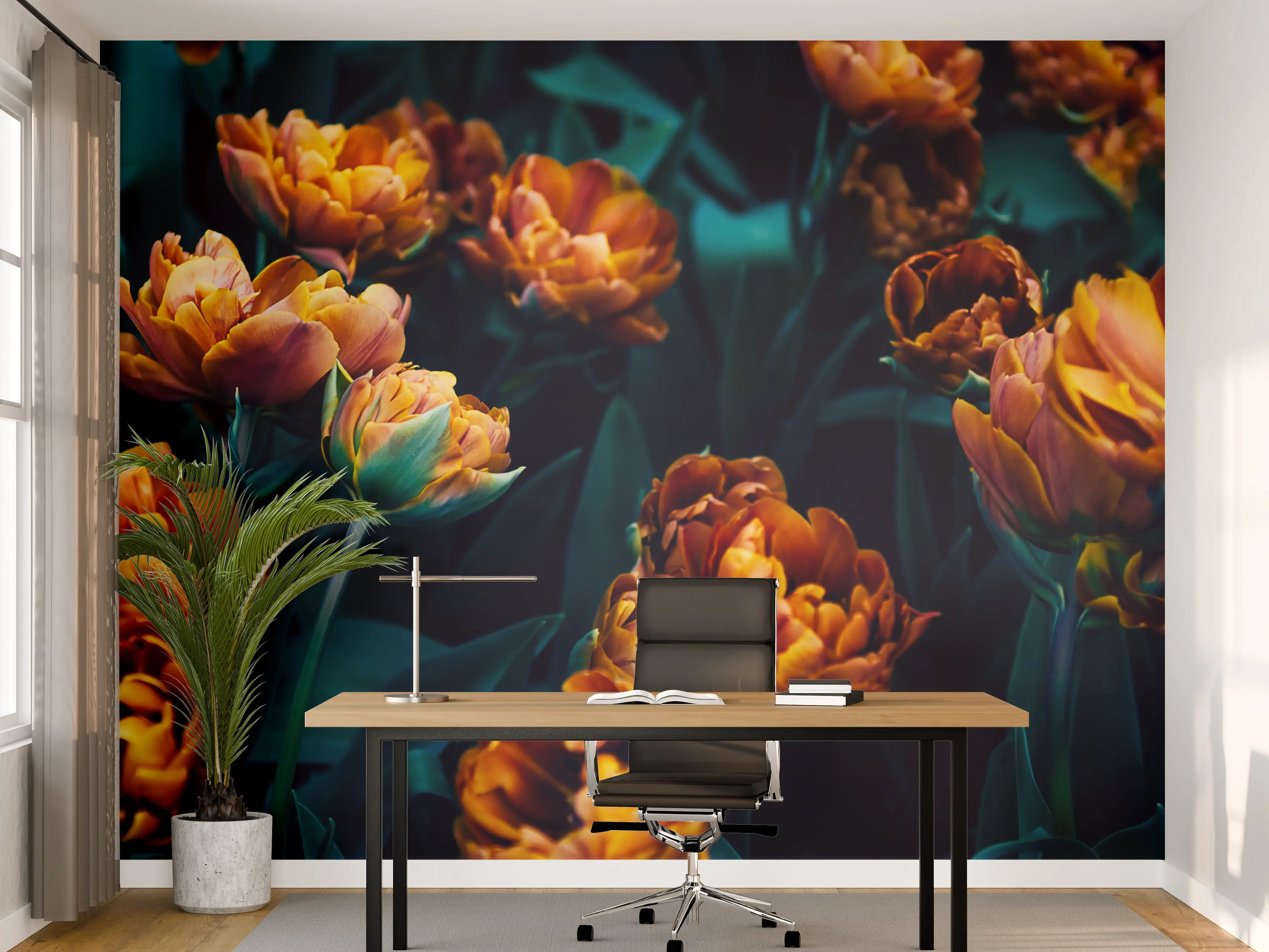 Büro Wandgestaltung - Dunkle orange Tulpen in Blumengarten