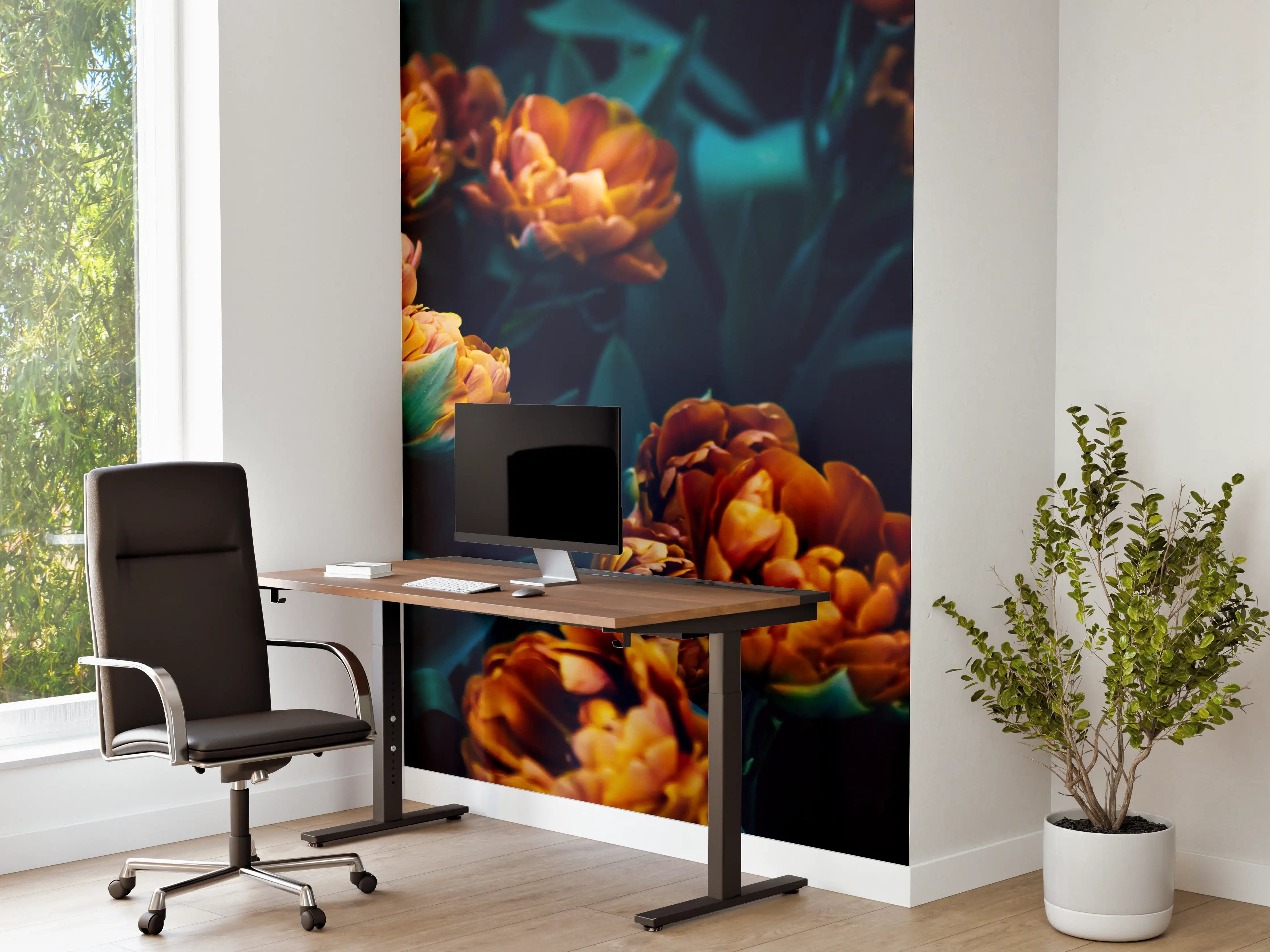Büro Wandgestaltung - Dunkle orange Tulpen in Blumengarten