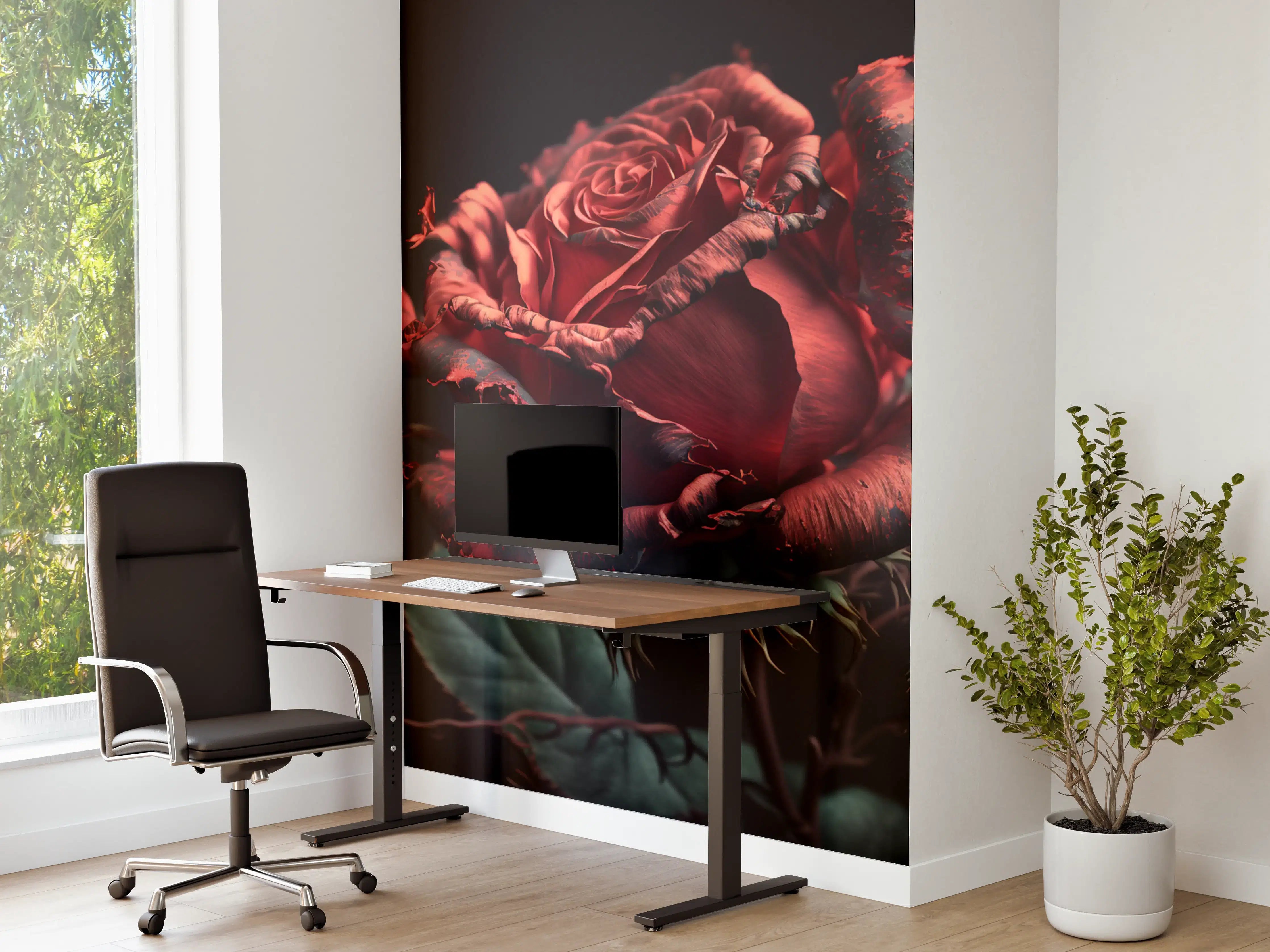 Büro Wandgestaltung - Dunkle rote Rose mit satten Grüntönen