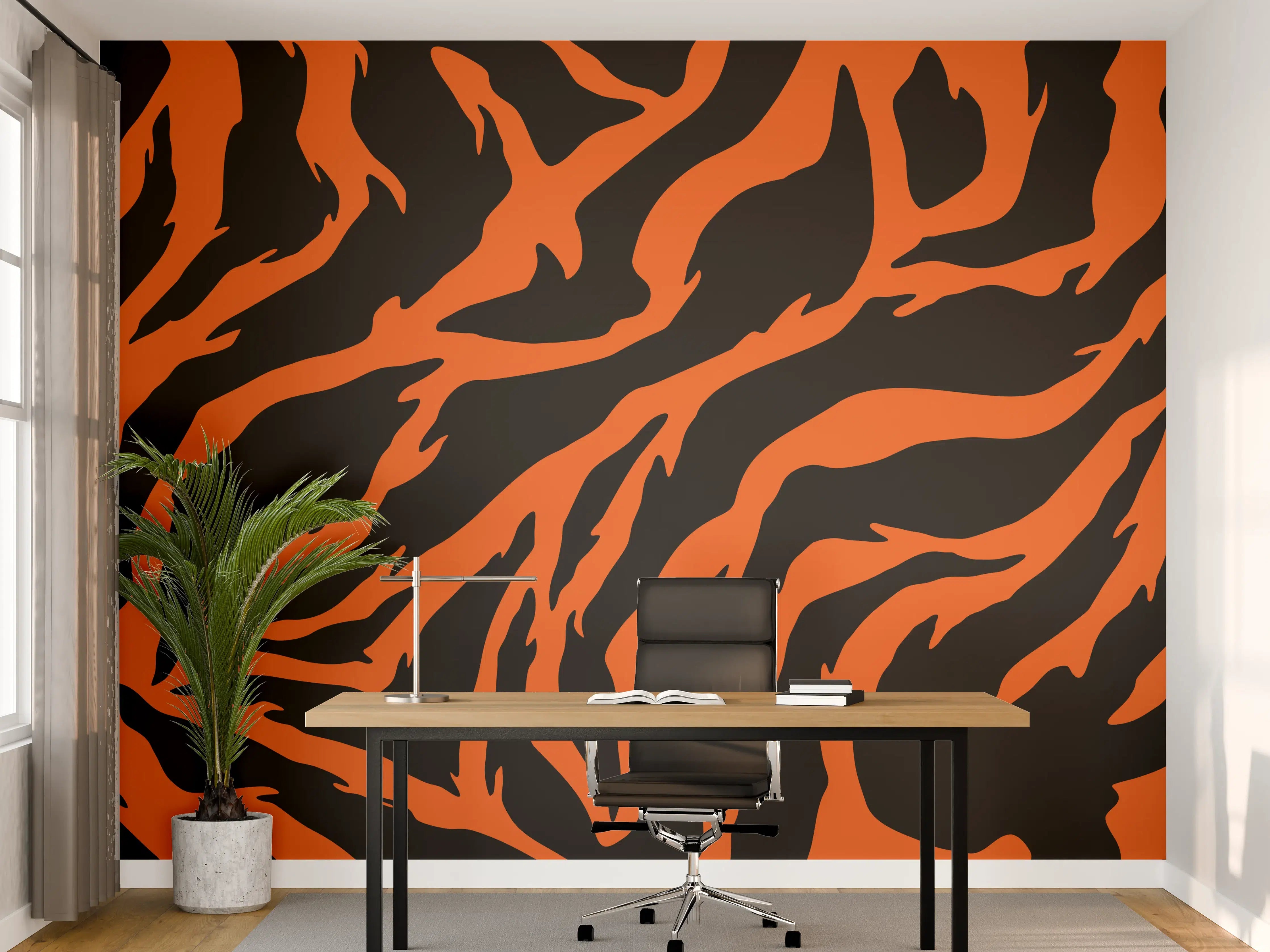 Büro Wandgestaltung - Dynamisches Zebrastreifen-Muster in Orange und Schwarz
