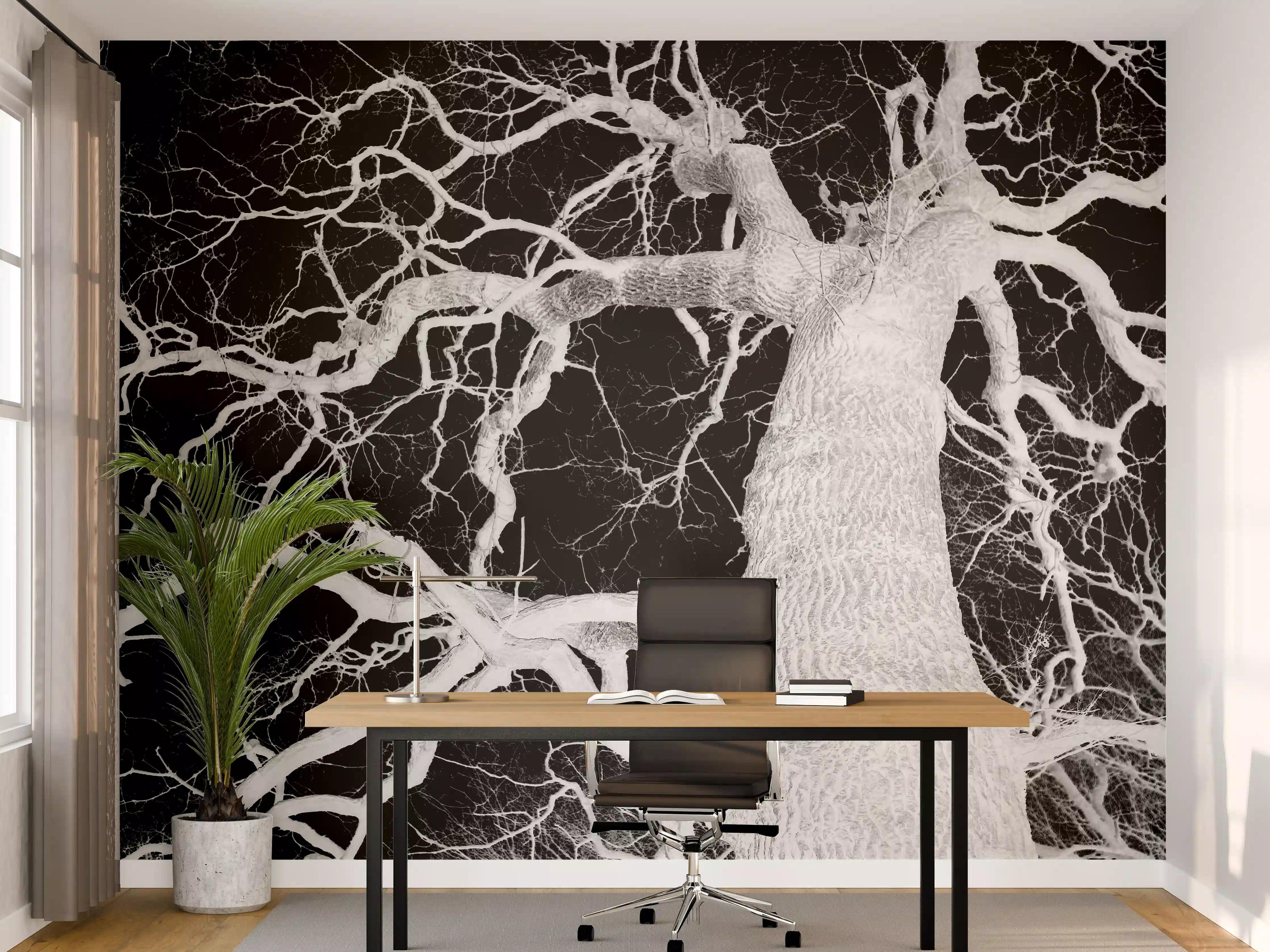 Büro Wandgestaltung - Eichenbaum schwarz, weiß im Winter