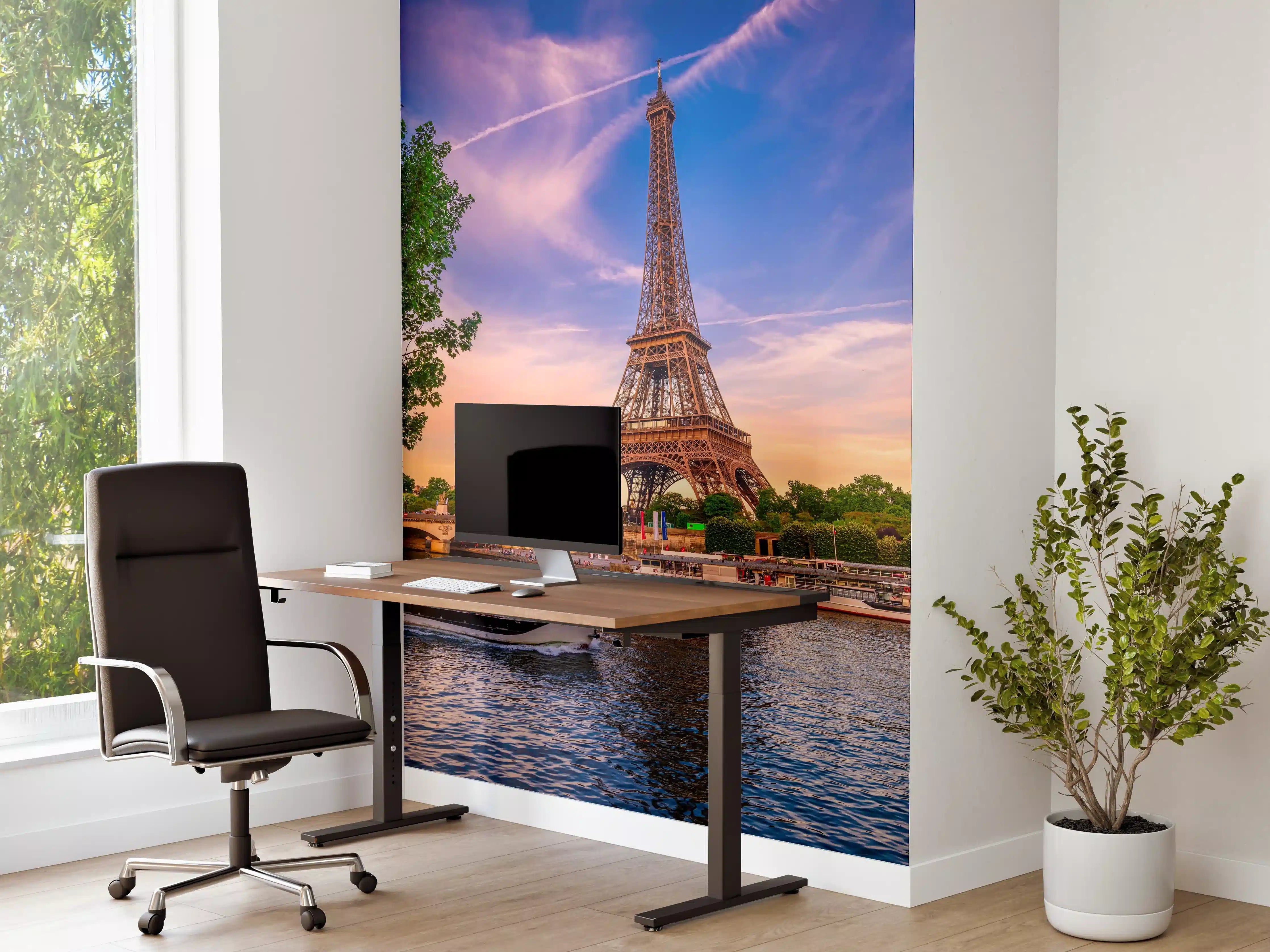 Büro Wandgestaltung - Eiffelturm und Fluss Seine bei Sonnenuntergang