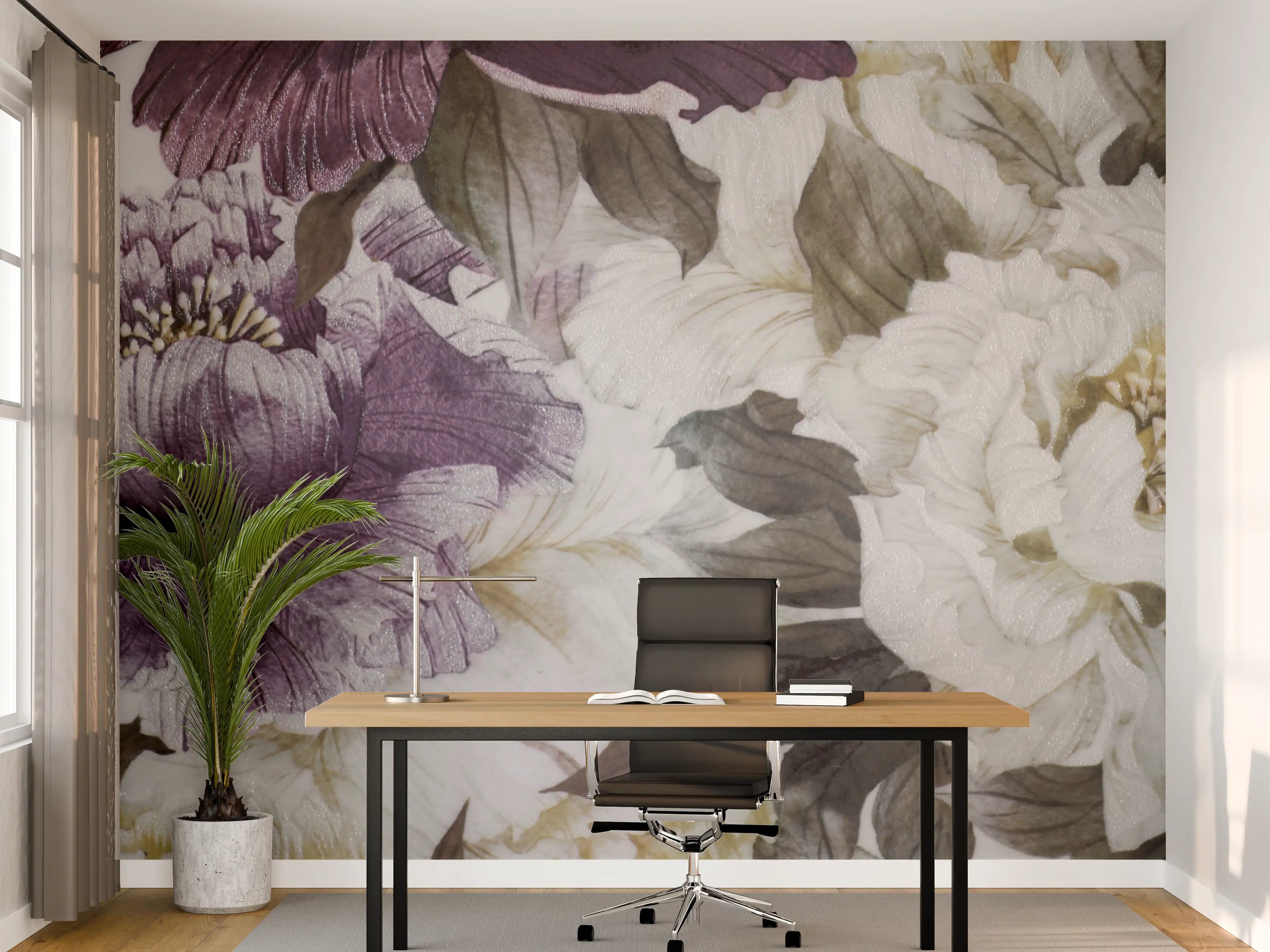 Büro Wandgestaltung - Elegant florales Muster in Weiß und Lila
