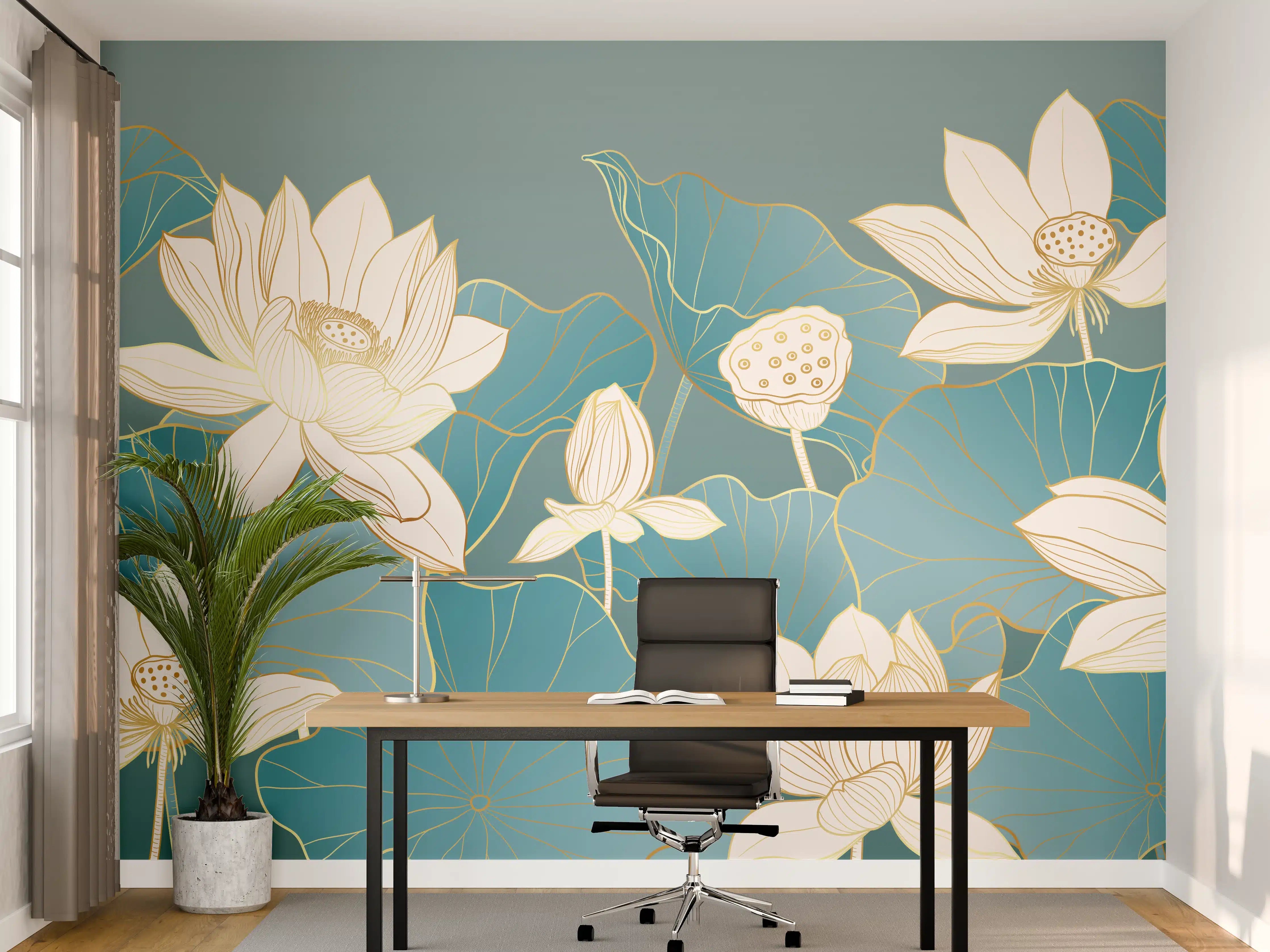Büro Wandgestaltung - Elegant weiße Lotusblüten auf blaugrauem Wasser