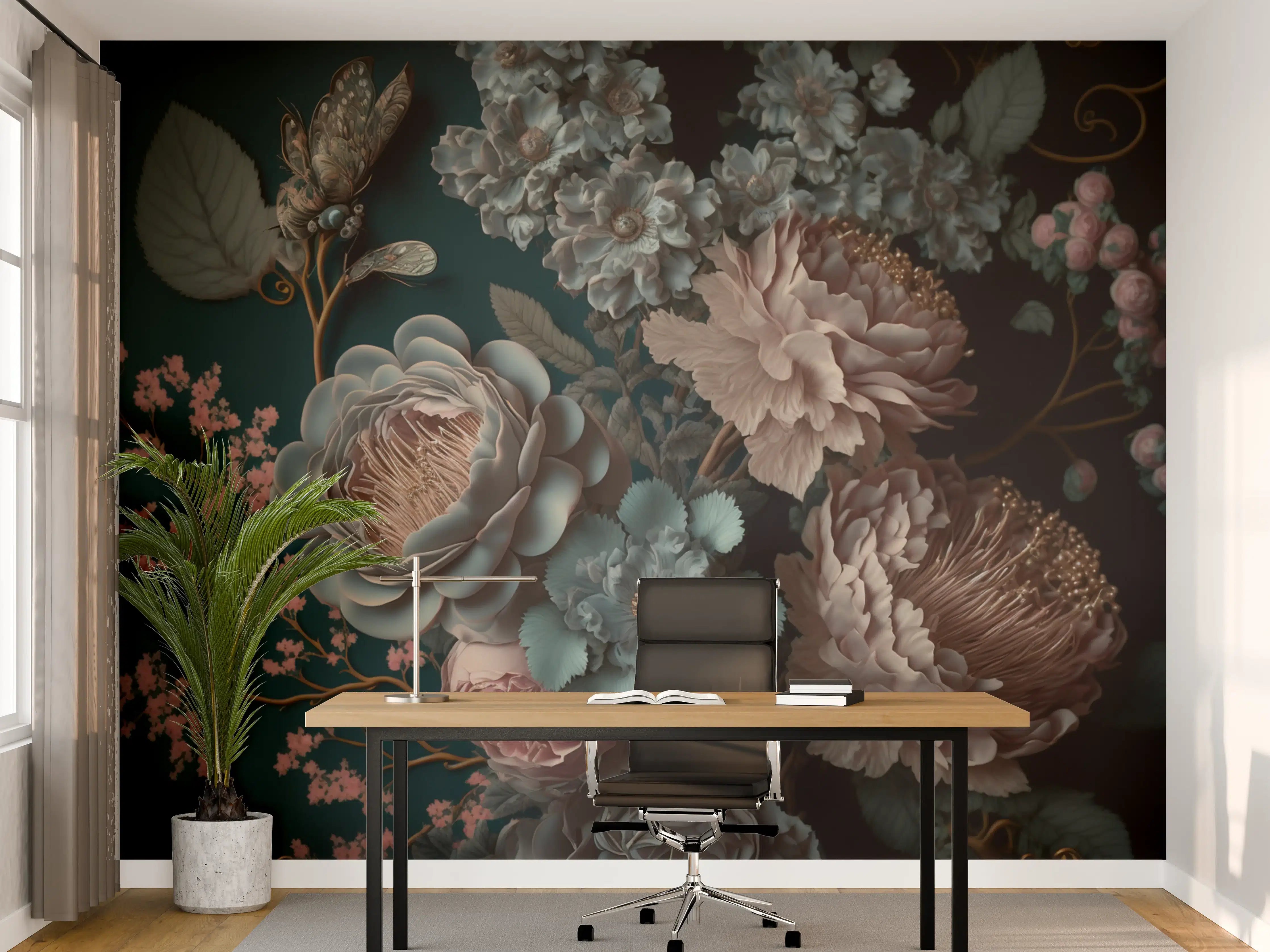 Büro Wandgestaltung - Elegante Blumen in dunklem Hintergrund