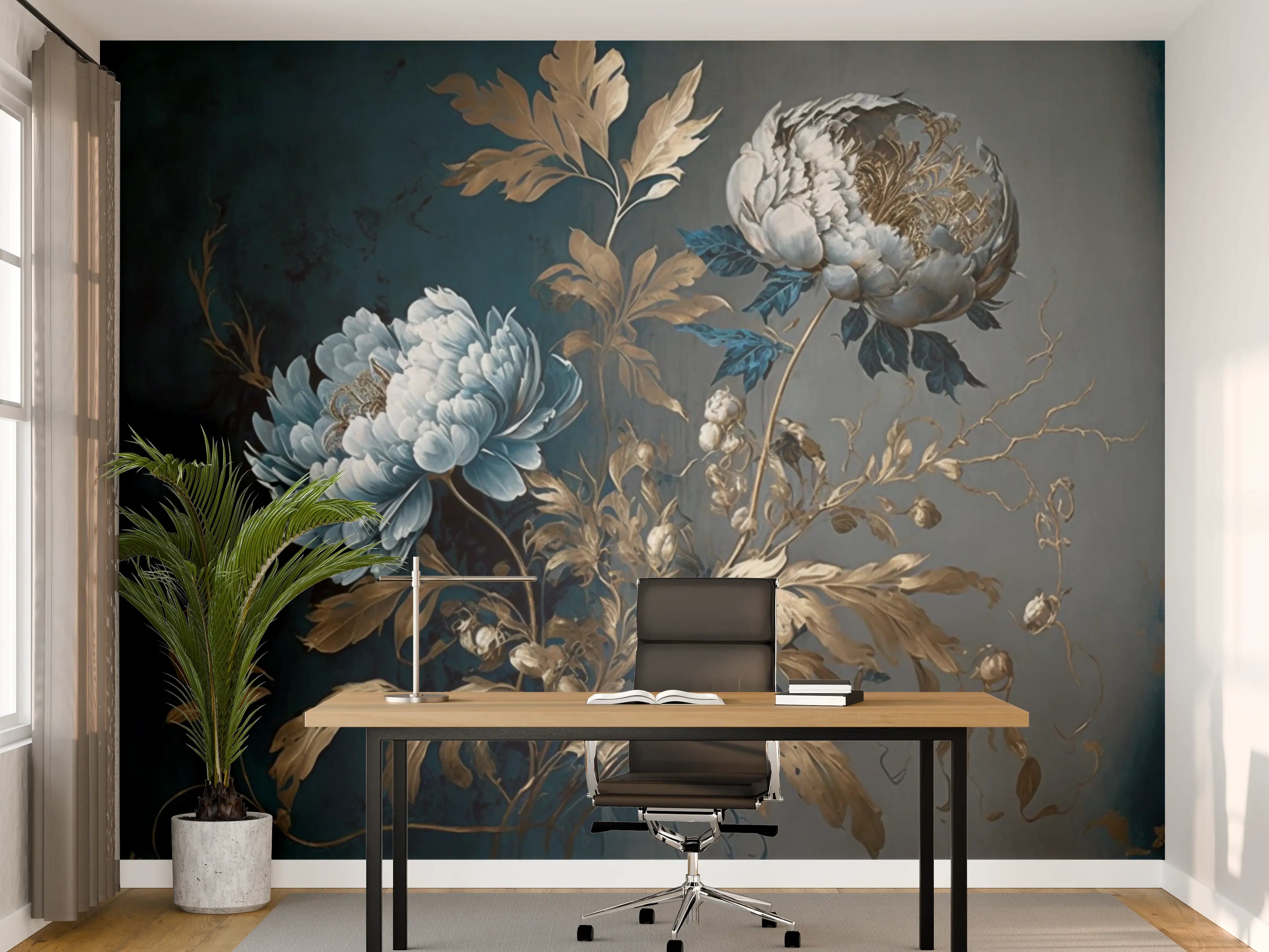Büro Wandgestaltung - Elegante Blumenmalerei mit blauen und goldenen Akzenten