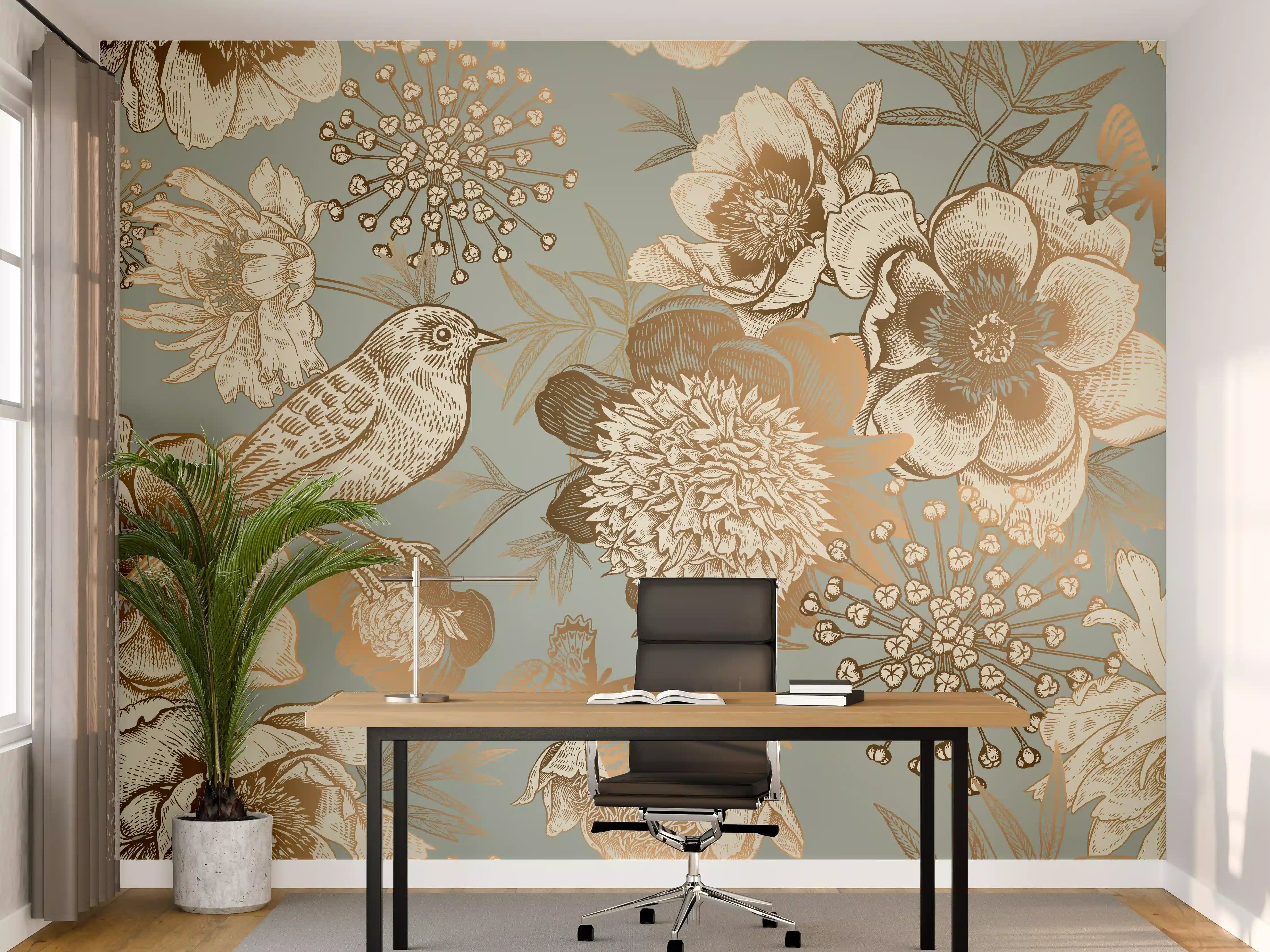 Büro Wandgestaltung - Elegante Blumenmuster mit Vögeln in Sepia-Tönen