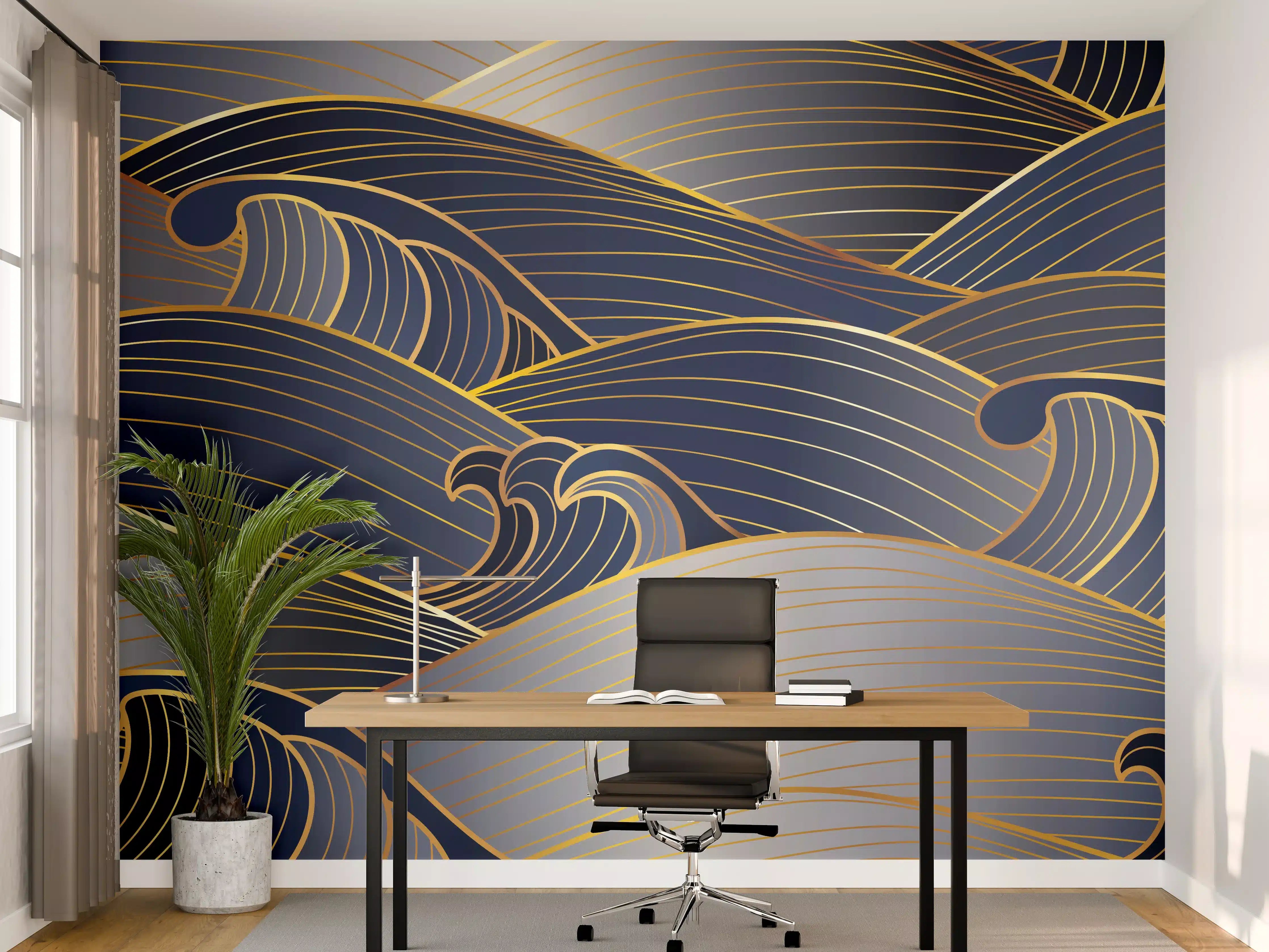Büro Wandgestaltung - Elegante Gold-Blau Wellentextur