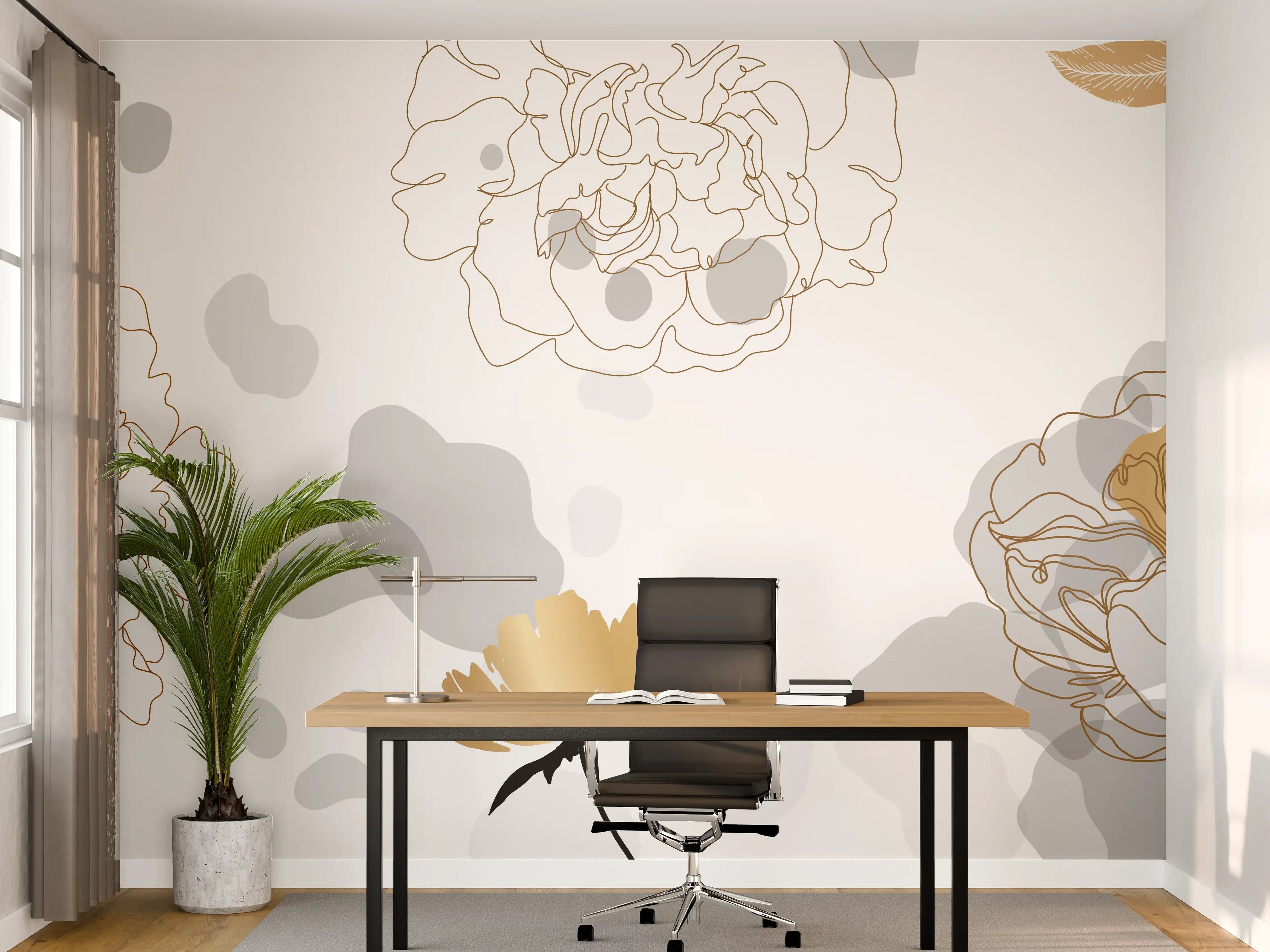 Büro Wandgestaltung - Elegante Gold-Grau Floral Kunst