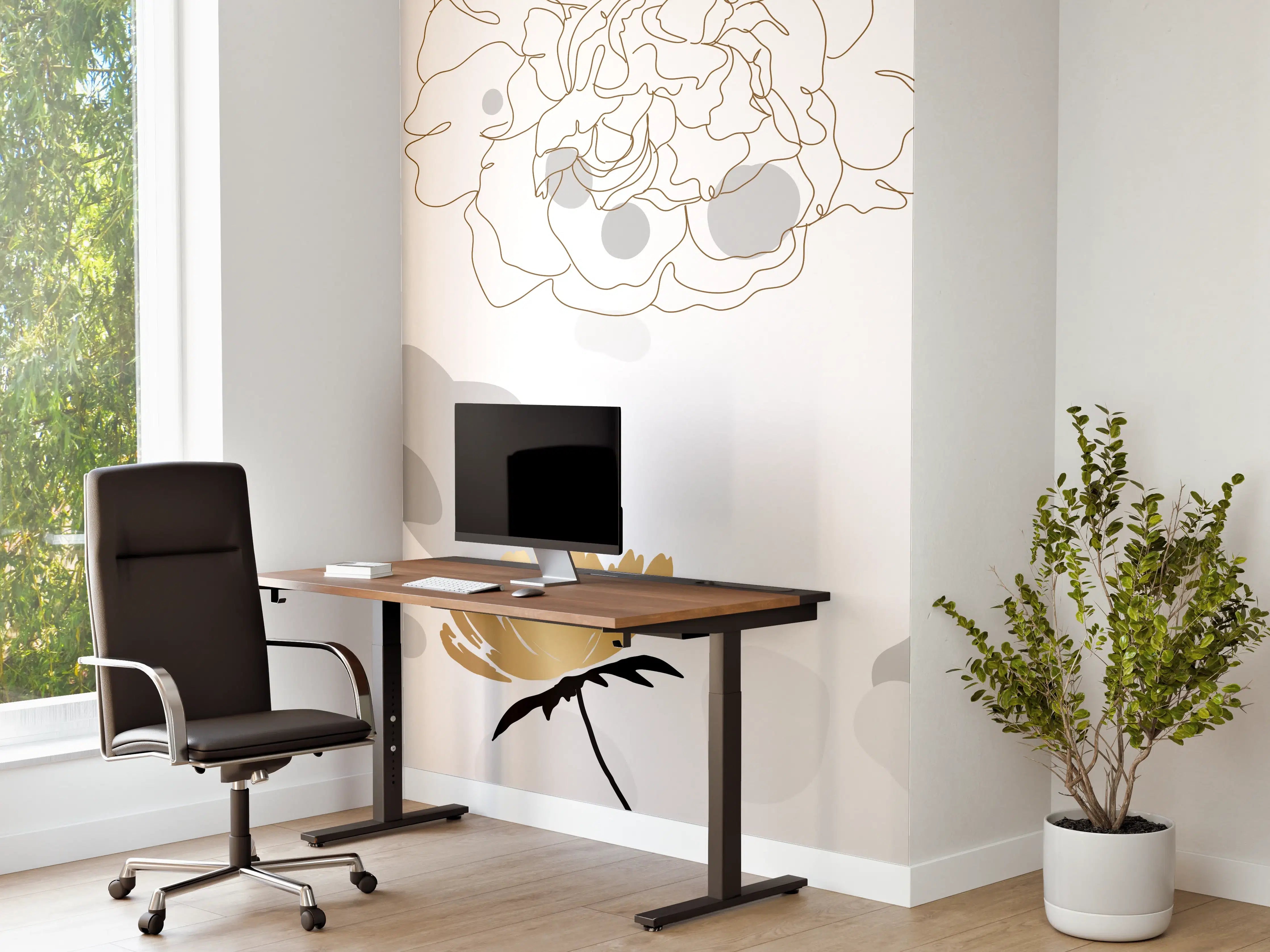 Büro Wandgestaltung - Elegante Gold-Grau Floral Kunst